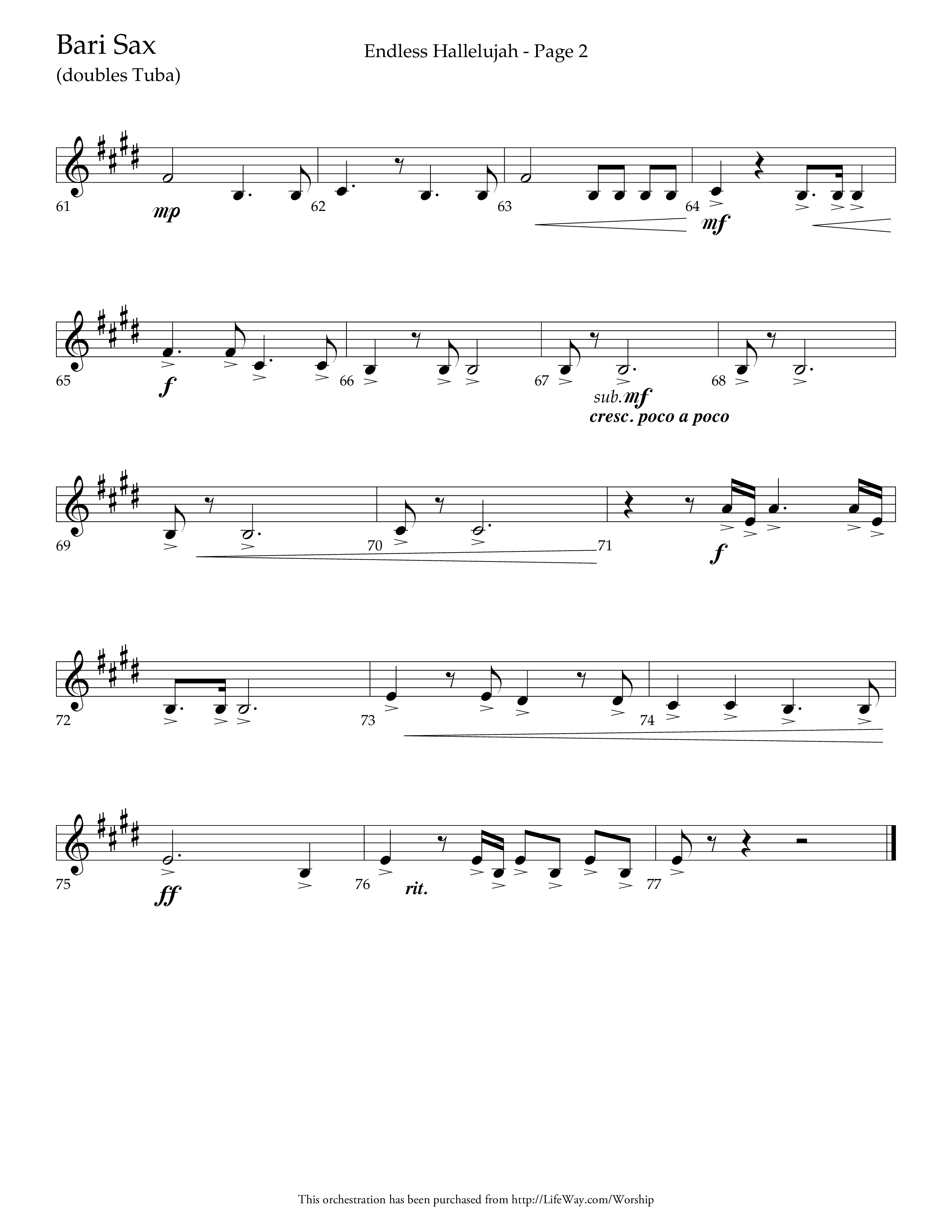 Endless Hallelujah (Choral Anthem SATB) Bari Sax (Lifeway Choral / Arr. Tom Fettke / Arr. Thomas Grassi / Orch. Michael Lawrence)