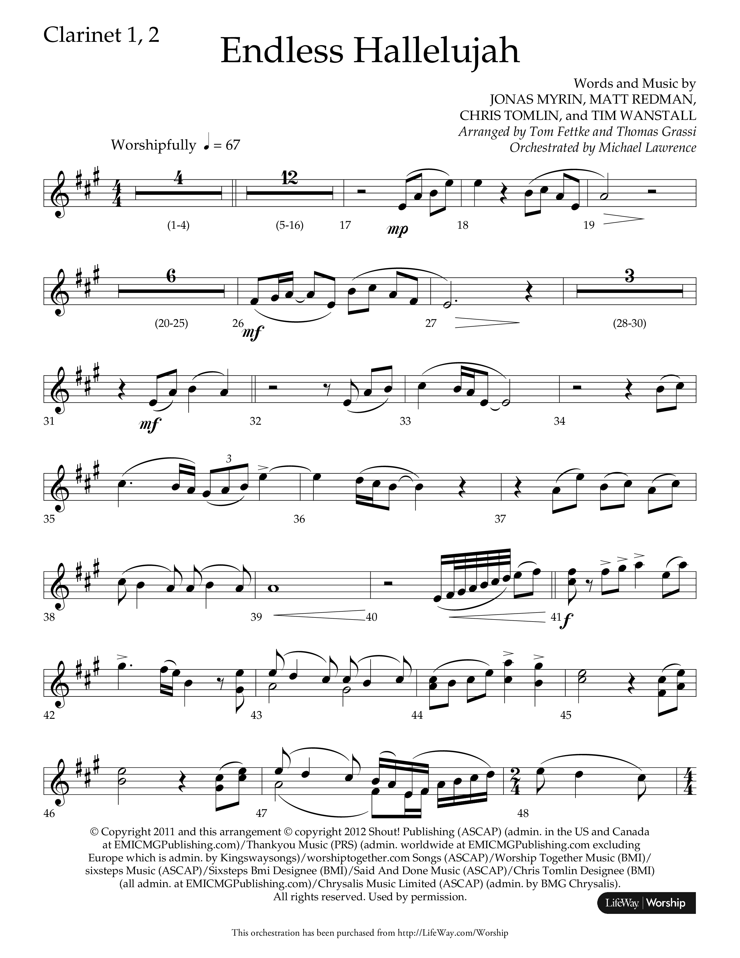 Endless Hallelujah (Choral Anthem SATB) Clarinet 1/2 (Lifeway Choral / Arr. Tom Fettke / Arr. Thomas Grassi / Orch. Michael Lawrence)