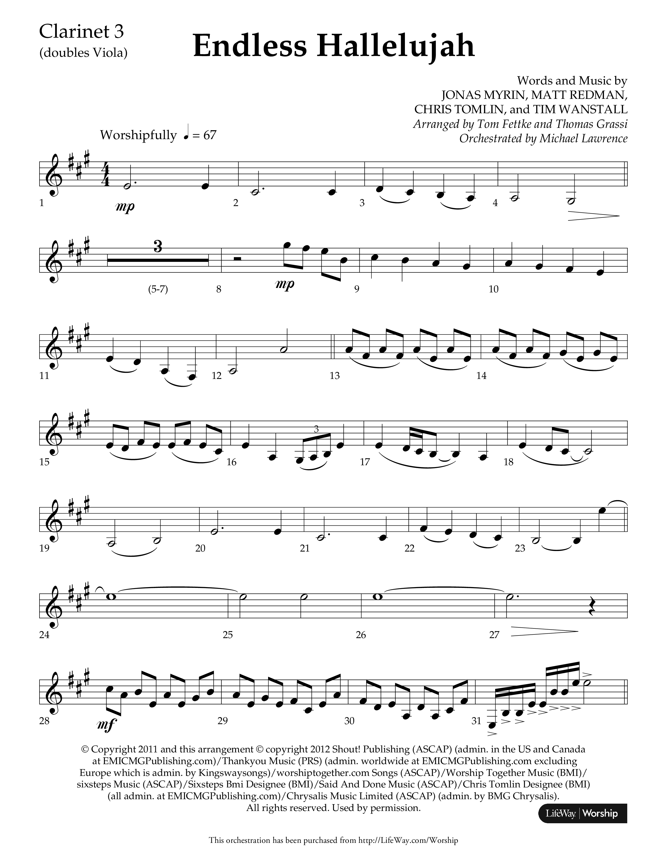 Endless Hallelujah (Choral Anthem SATB) Clarinet 3 (Lifeway Choral / Arr. Tom Fettke / Arr. Thomas Grassi / Orch. Michael Lawrence)