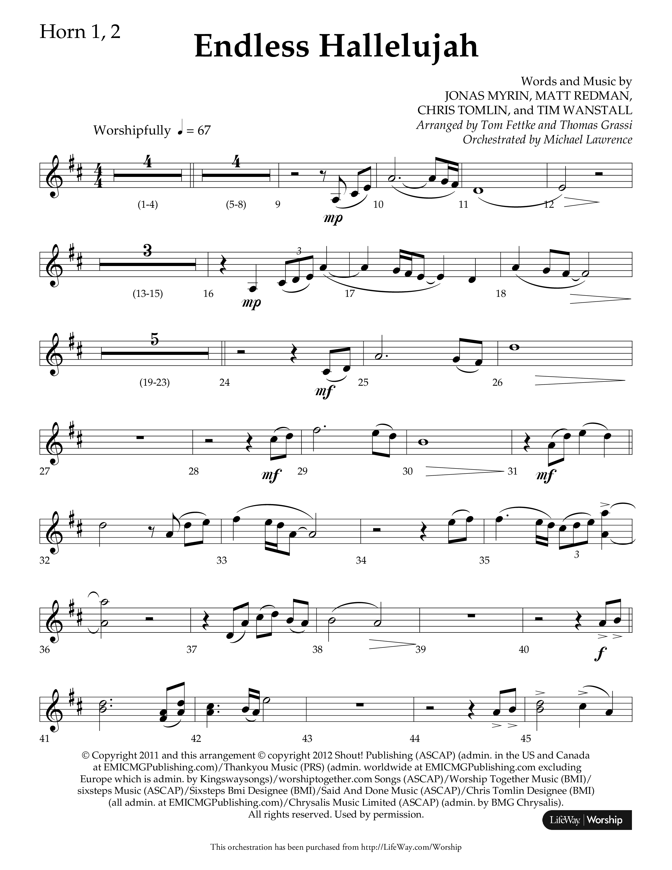 Endless Hallelujah (Choral Anthem SATB) French Horn 1/2 (Lifeway Choral / Arr. Tom Fettke / Arr. Thomas Grassi / Orch. Michael Lawrence)