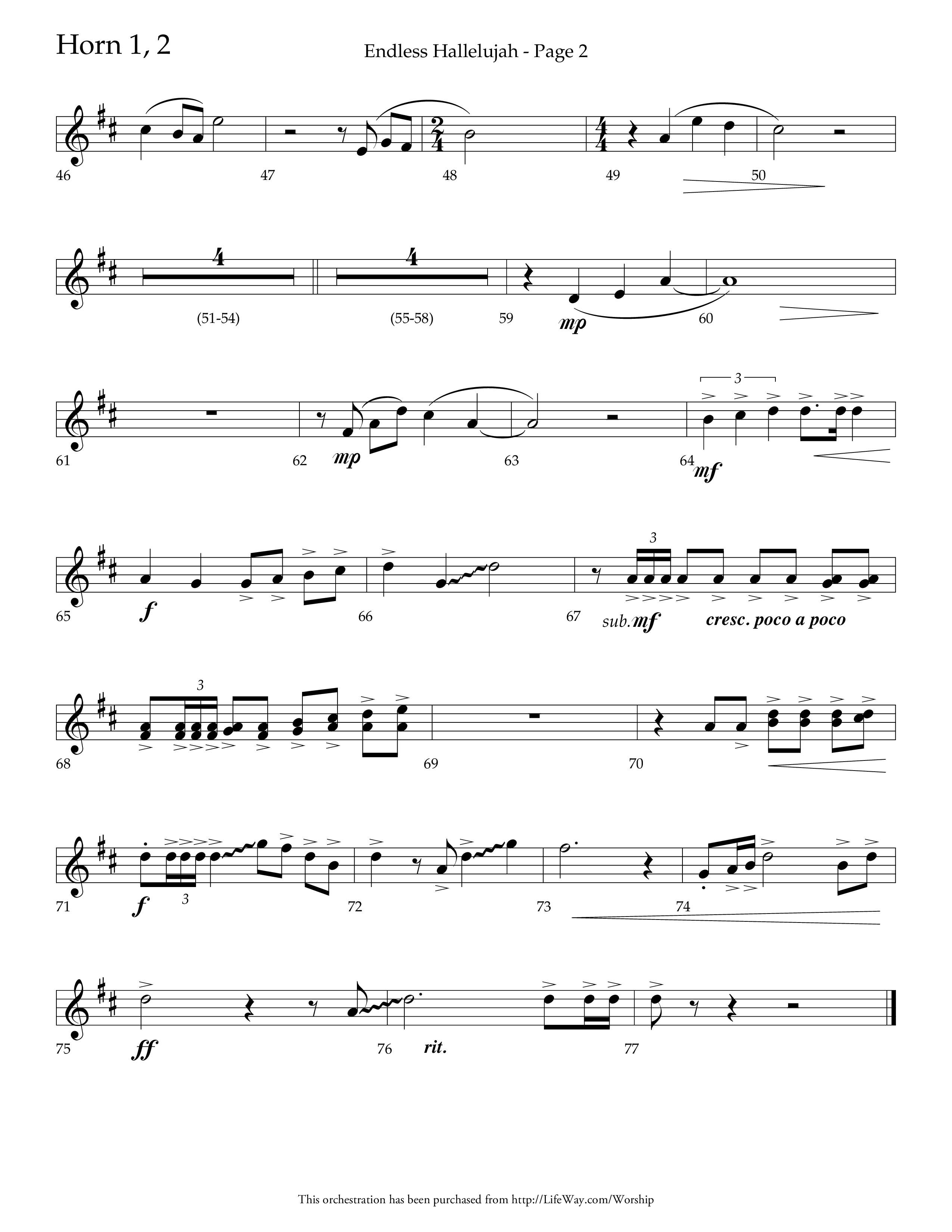 Endless Hallelujah (Choral Anthem SATB) French Horn 1/2 (Lifeway Choral / Arr. Tom Fettke / Arr. Thomas Grassi / Orch. Michael Lawrence)