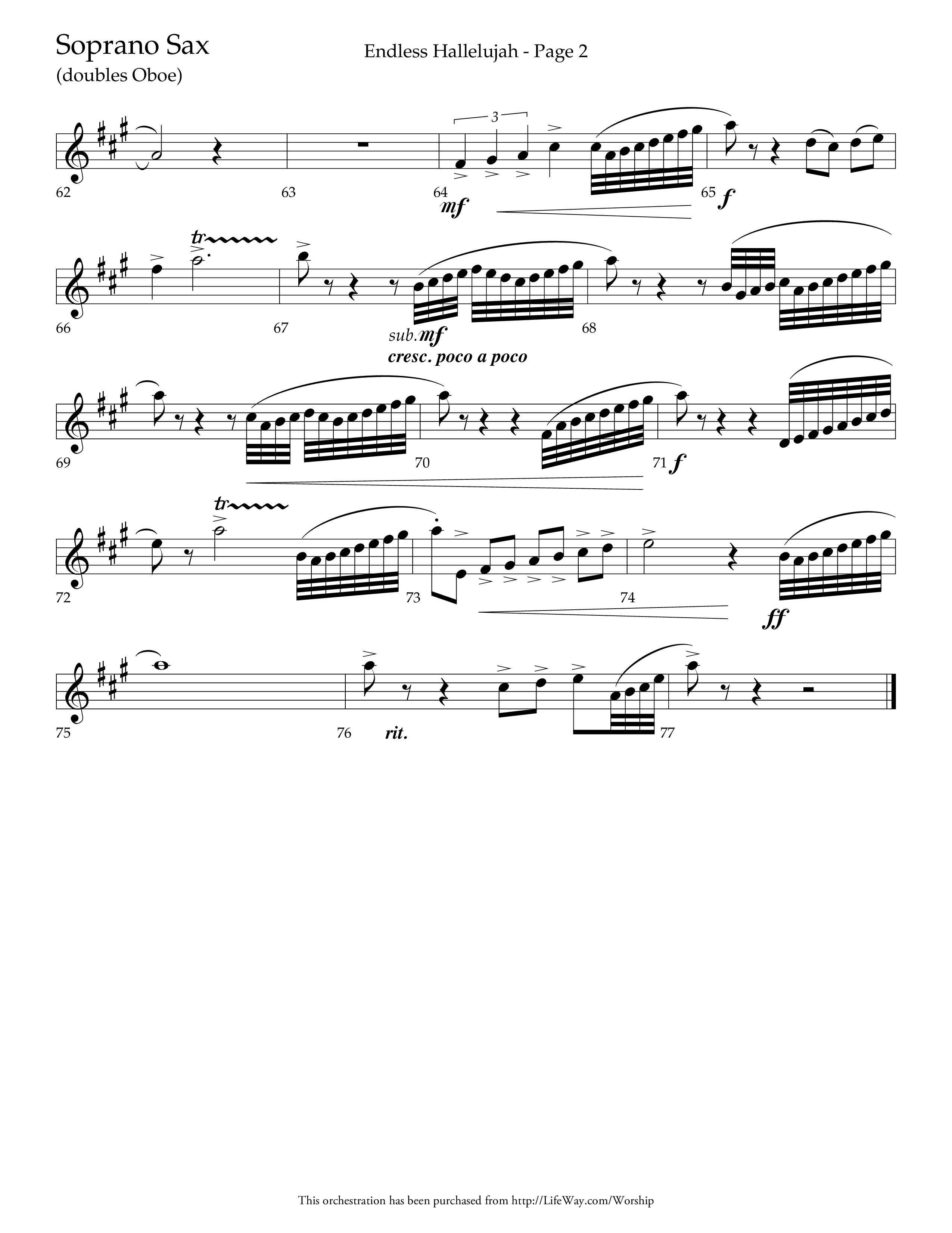 Endless Hallelujah (Choral Anthem SATB) Soprano Sax (Lifeway Choral / Arr. Tom Fettke / Arr. Thomas Grassi / Orch. Michael Lawrence)