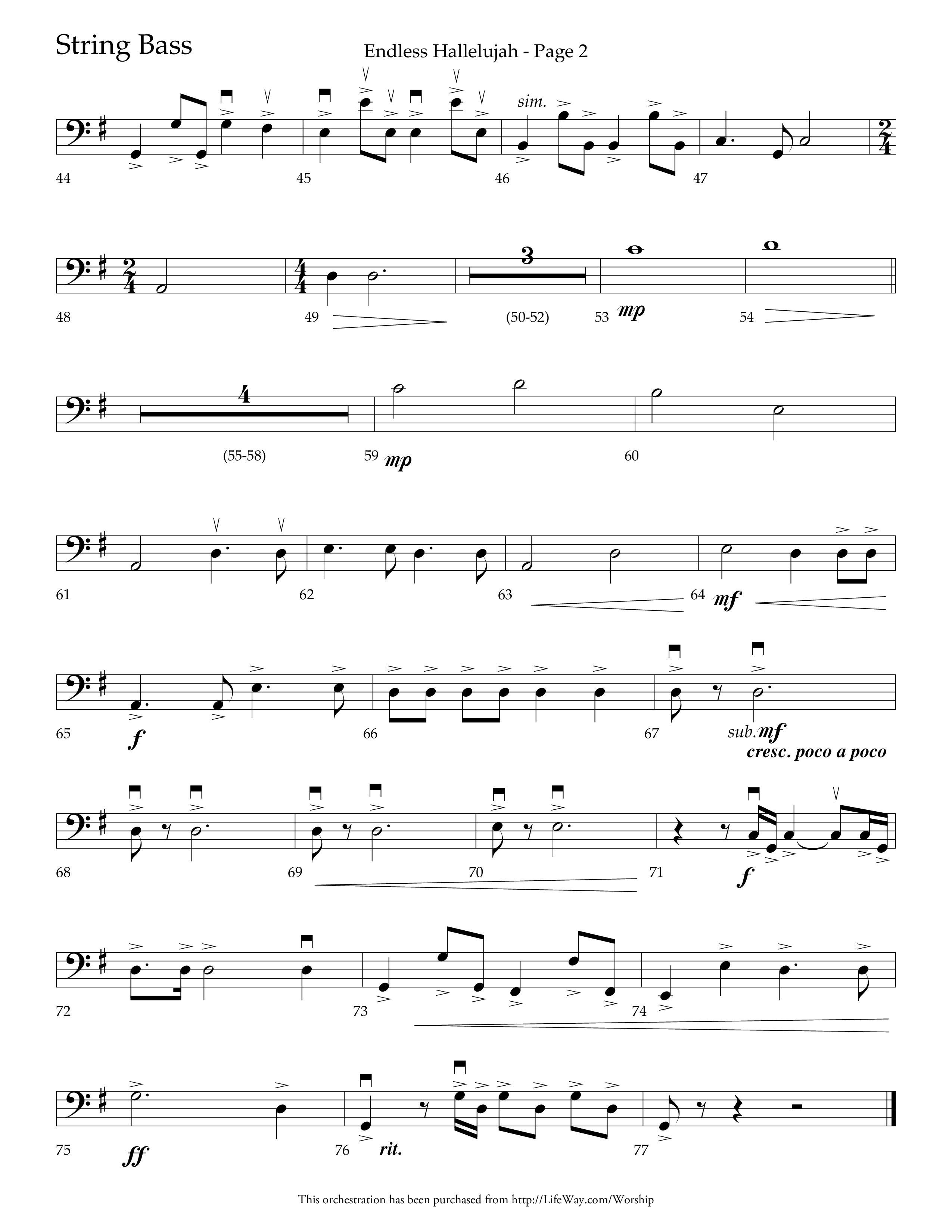 Endless Hallelujah (Choral Anthem SATB) String Bass (Lifeway Choral / Arr. Tom Fettke / Arr. Thomas Grassi / Orch. Michael Lawrence)