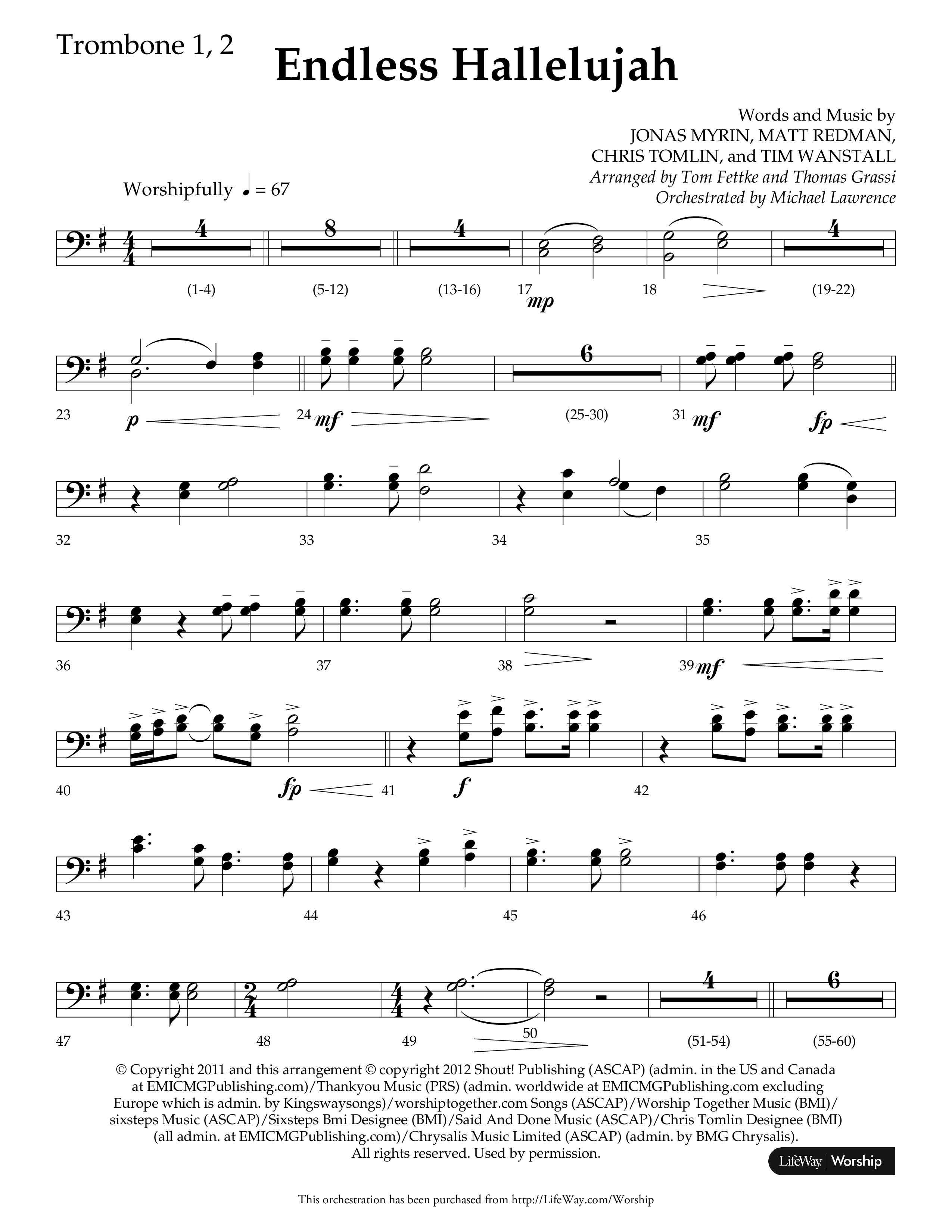 Endless Hallelujah (Choral Anthem SATB) Trombone 1/2 (Lifeway Choral / Arr. Tom Fettke / Arr. Thomas Grassi / Orch. Michael Lawrence)