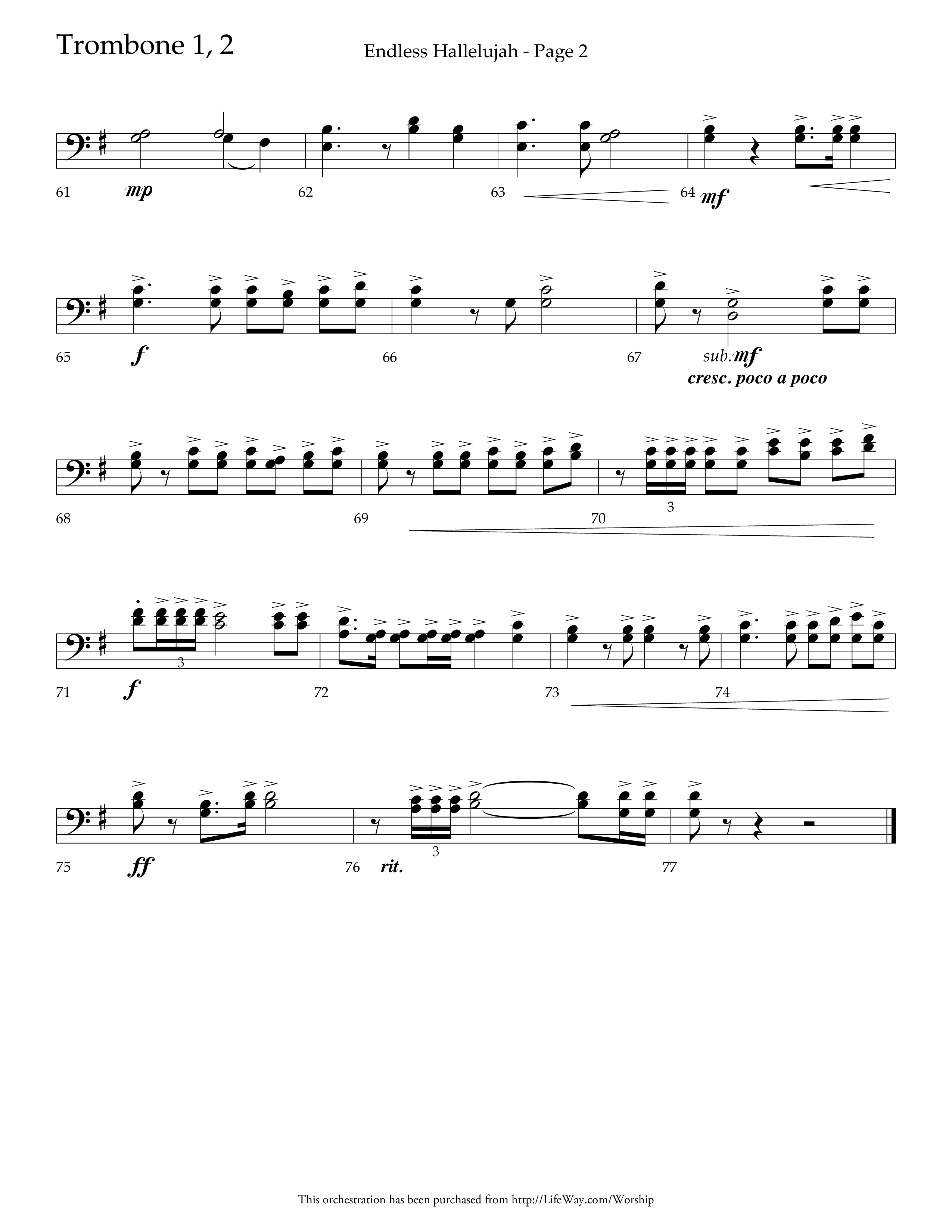 Endless Hallelujah (Choral Anthem SATB) Trombone 1/2 (Lifeway Choral / Arr. Tom Fettke / Arr. Thomas Grassi / Orch. Michael Lawrence)
