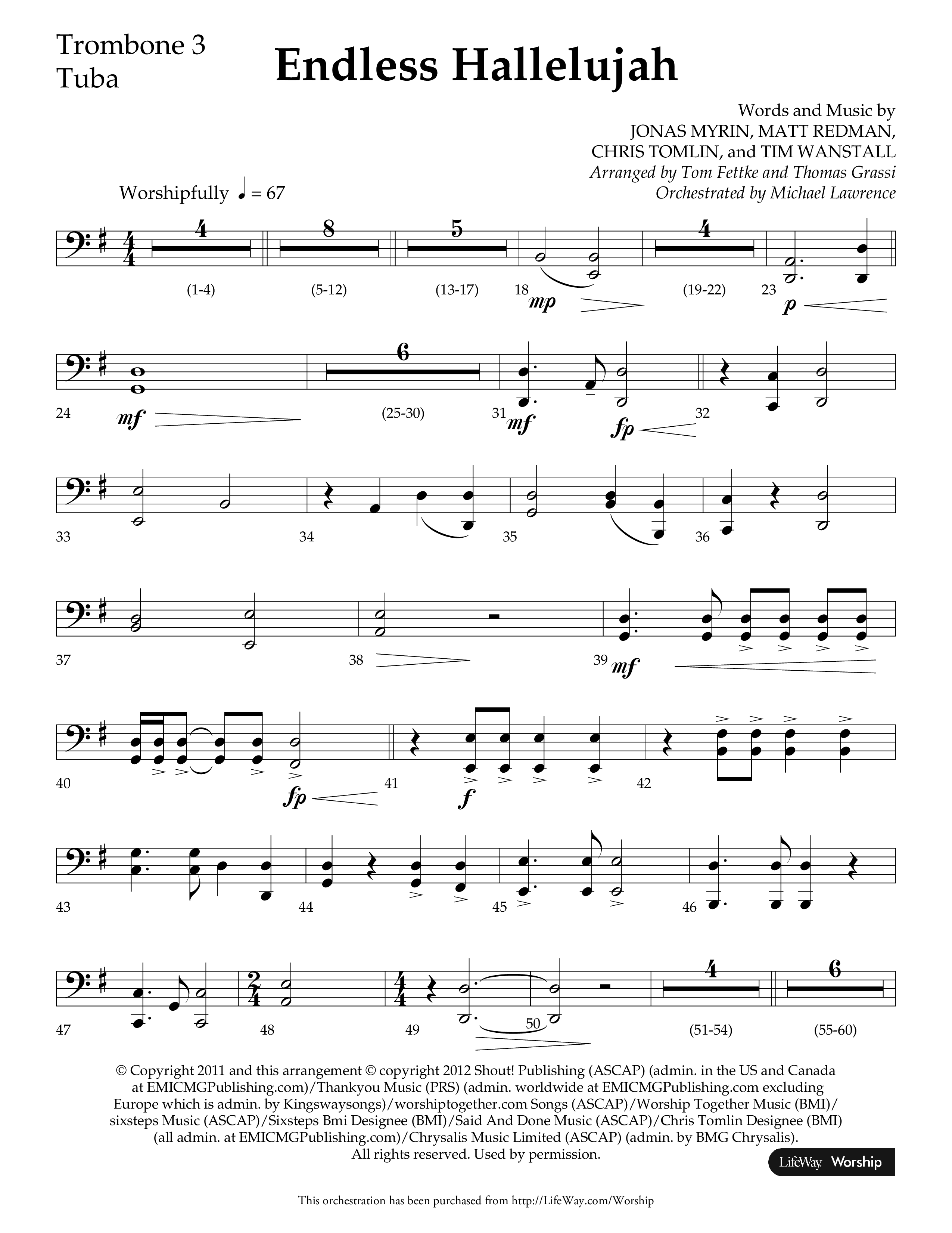 Endless Hallelujah (Choral Anthem SATB) Trombone 3/Tuba (Lifeway Choral / Arr. Tom Fettke / Arr. Thomas Grassi / Orch. Michael Lawrence)