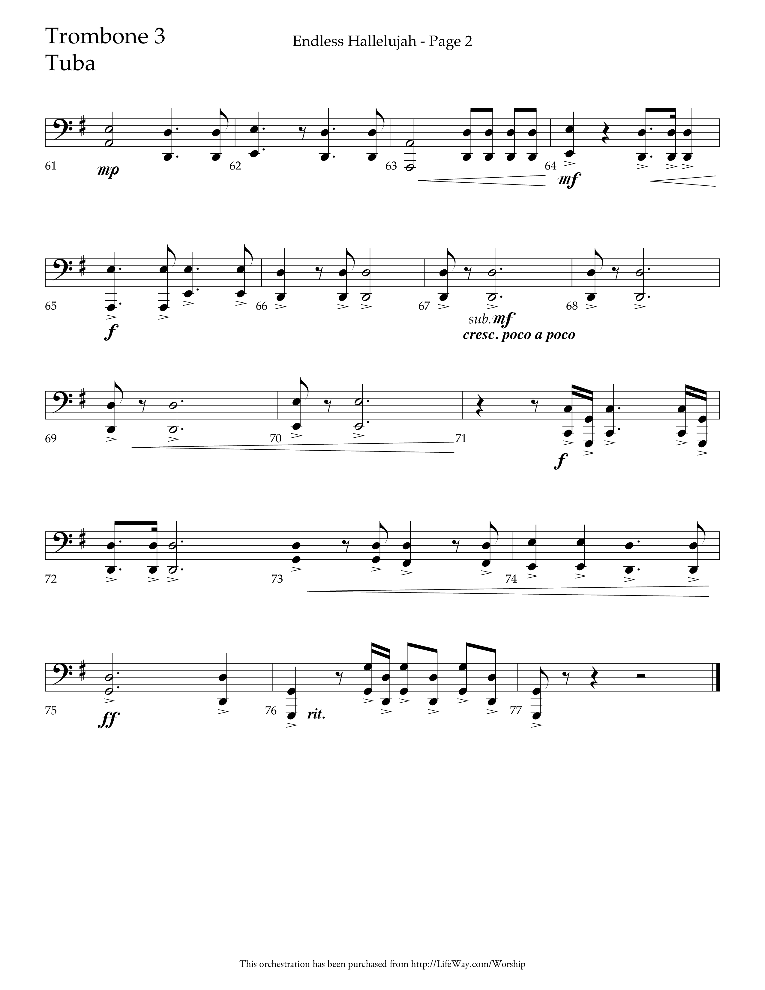 Endless Hallelujah (Choral Anthem SATB) Trombone 3/Tuba (Lifeway Choral / Arr. Tom Fettke / Arr. Thomas Grassi / Orch. Michael Lawrence)