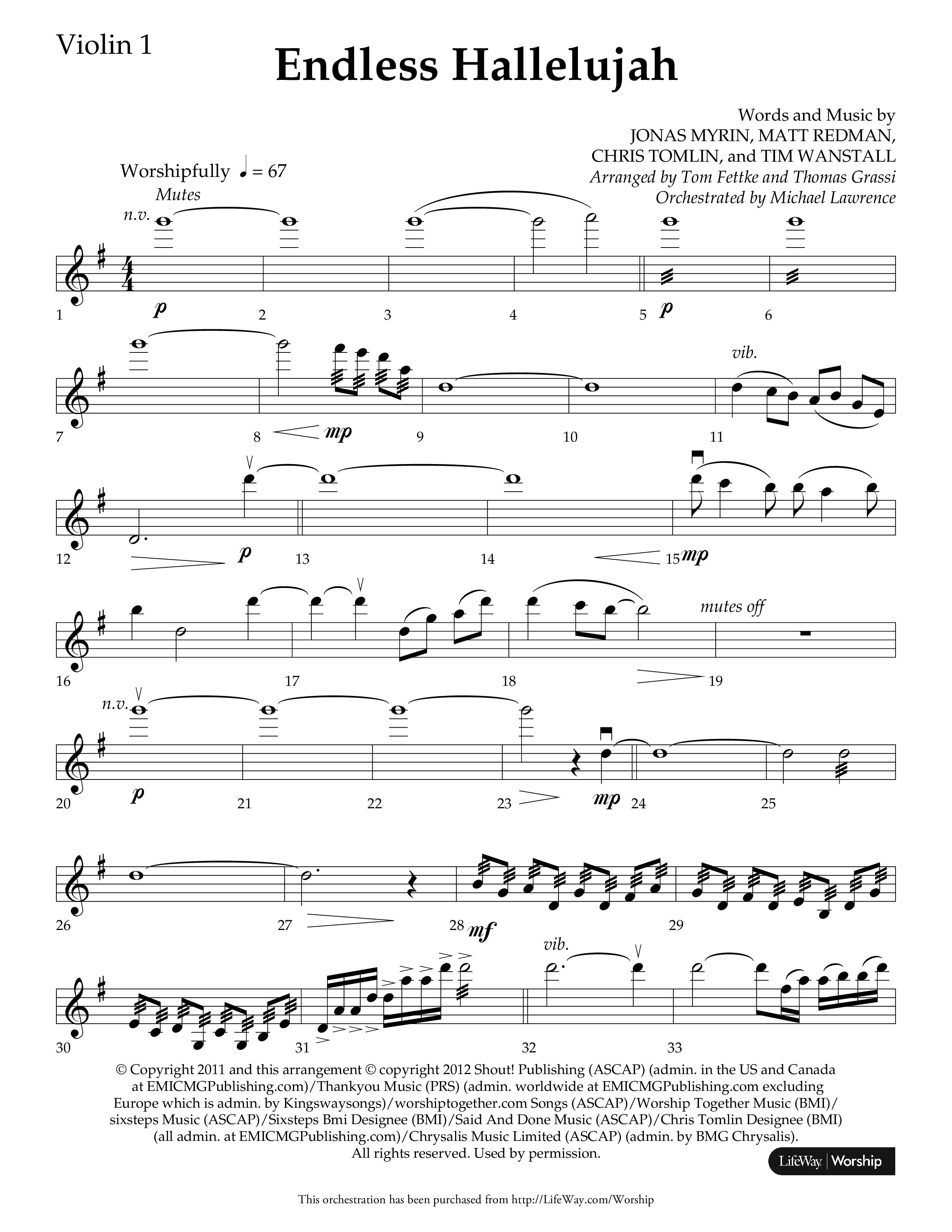 Endless Hallelujah (Choral Anthem SATB) Violin 1 (Lifeway Choral / Arr. Tom Fettke / Arr. Thomas Grassi / Orch. Michael Lawrence)
