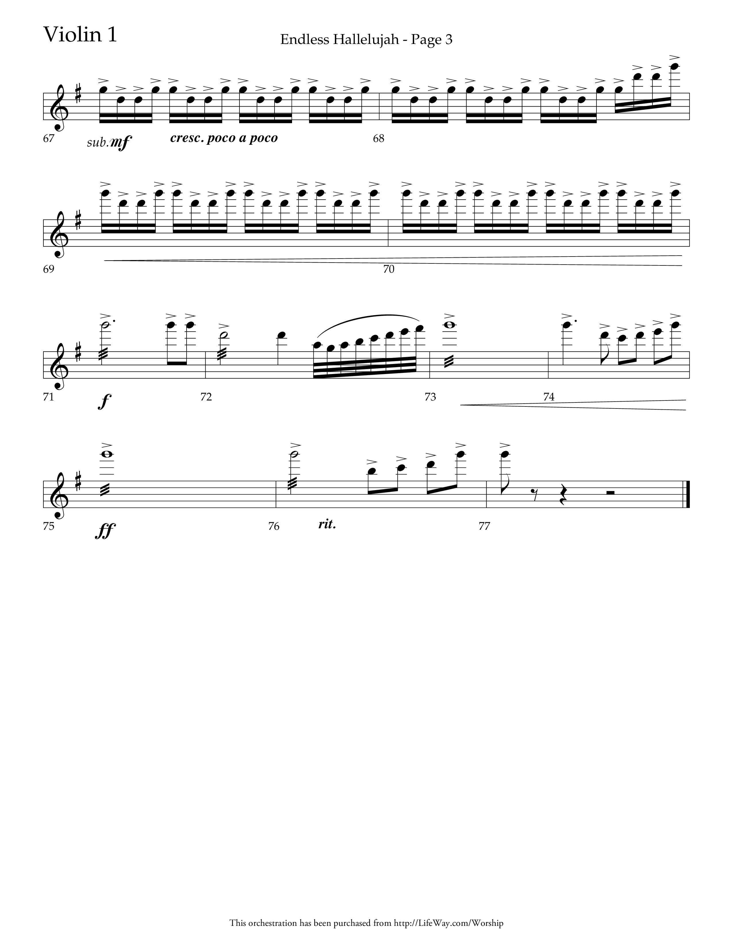 Endless Hallelujah (Choral Anthem SATB) Violin 1 (Lifeway Choral / Arr. Tom Fettke / Arr. Thomas Grassi / Orch. Michael Lawrence)