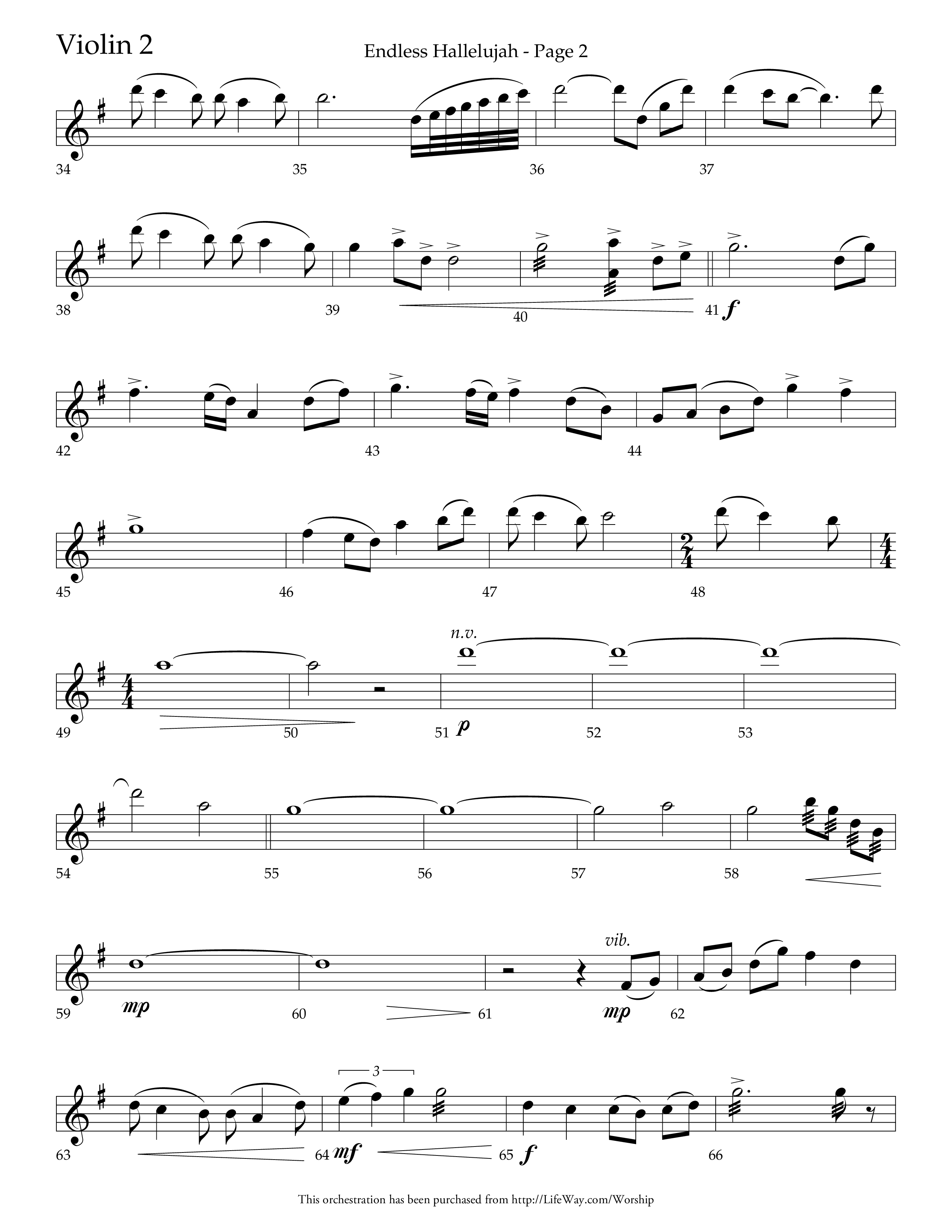 Endless Hallelujah (Choral Anthem SATB) Violin 2 (Lifeway Choral / Arr. Tom Fettke / Arr. Thomas Grassi / Orch. Michael Lawrence)