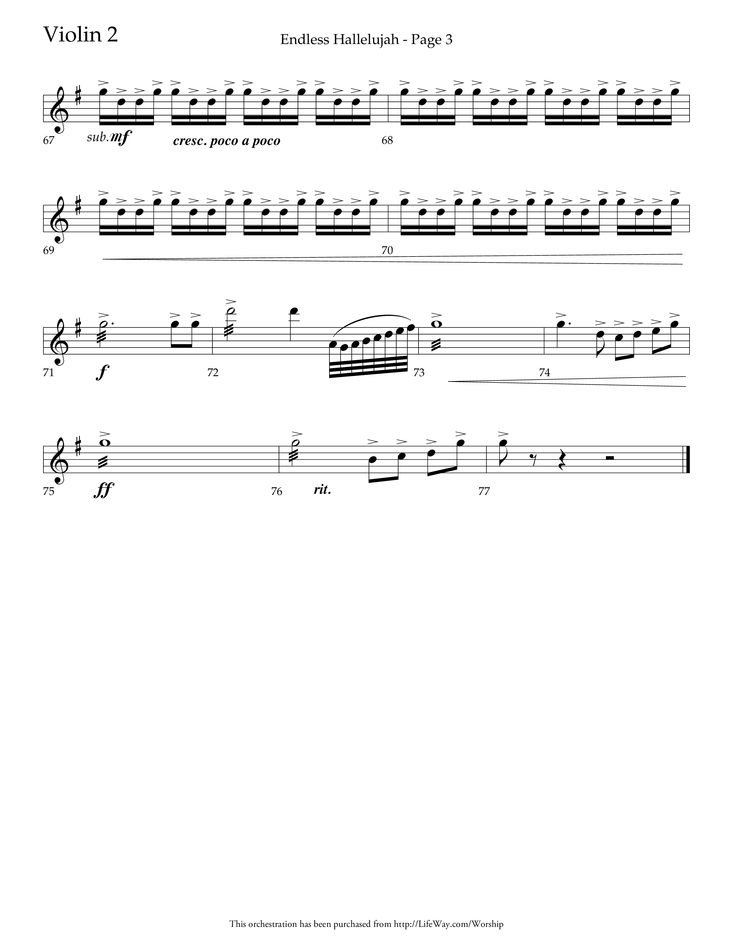 Endless Hallelujah (Choral Anthem SATB) Violin 2 (Lifeway Choral / Arr. Tom Fettke / Arr. Thomas Grassi / Orch. Michael Lawrence)