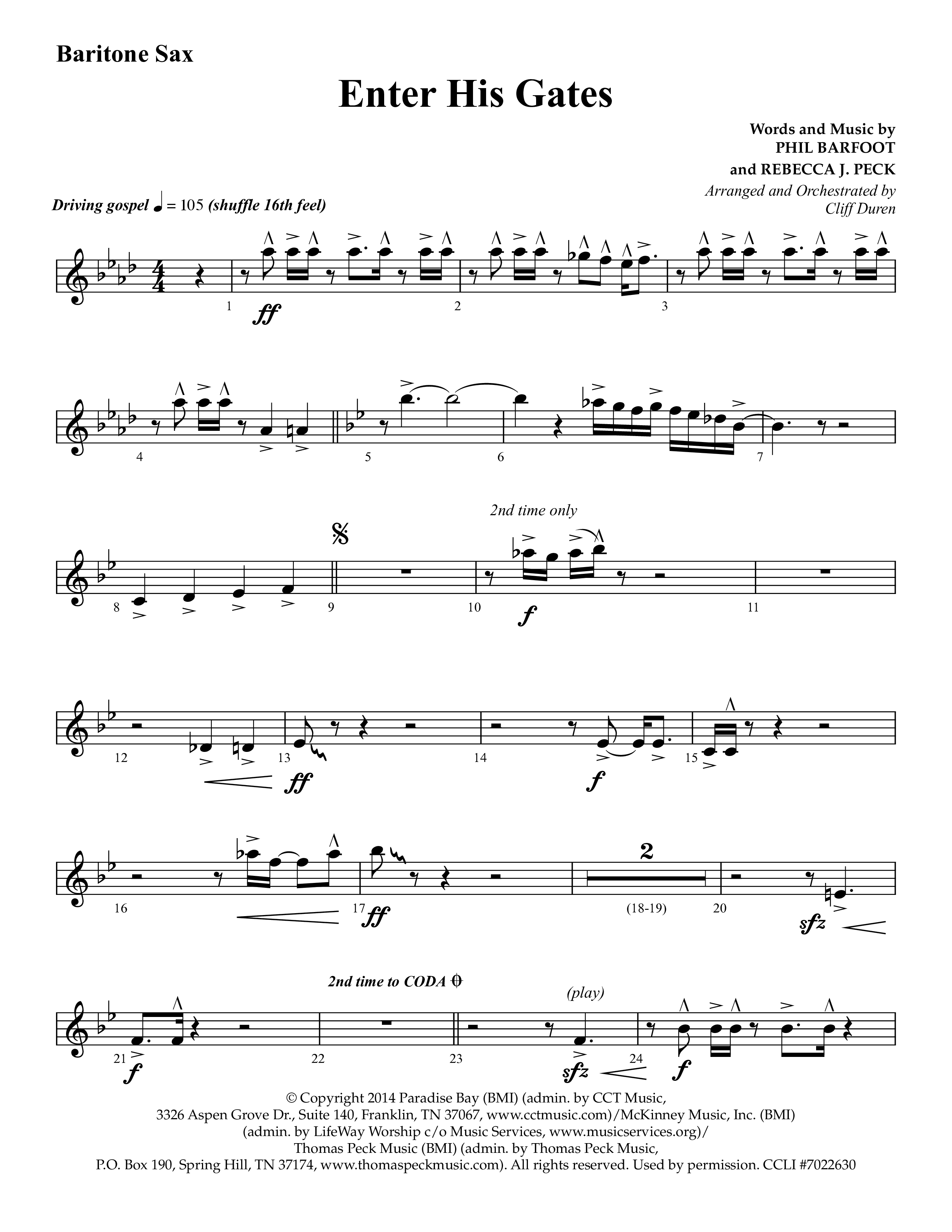 Enter His Gates (Choral Anthem SATB) Bari Sax (Lifeway Choral / Arr. Cliff Duren)