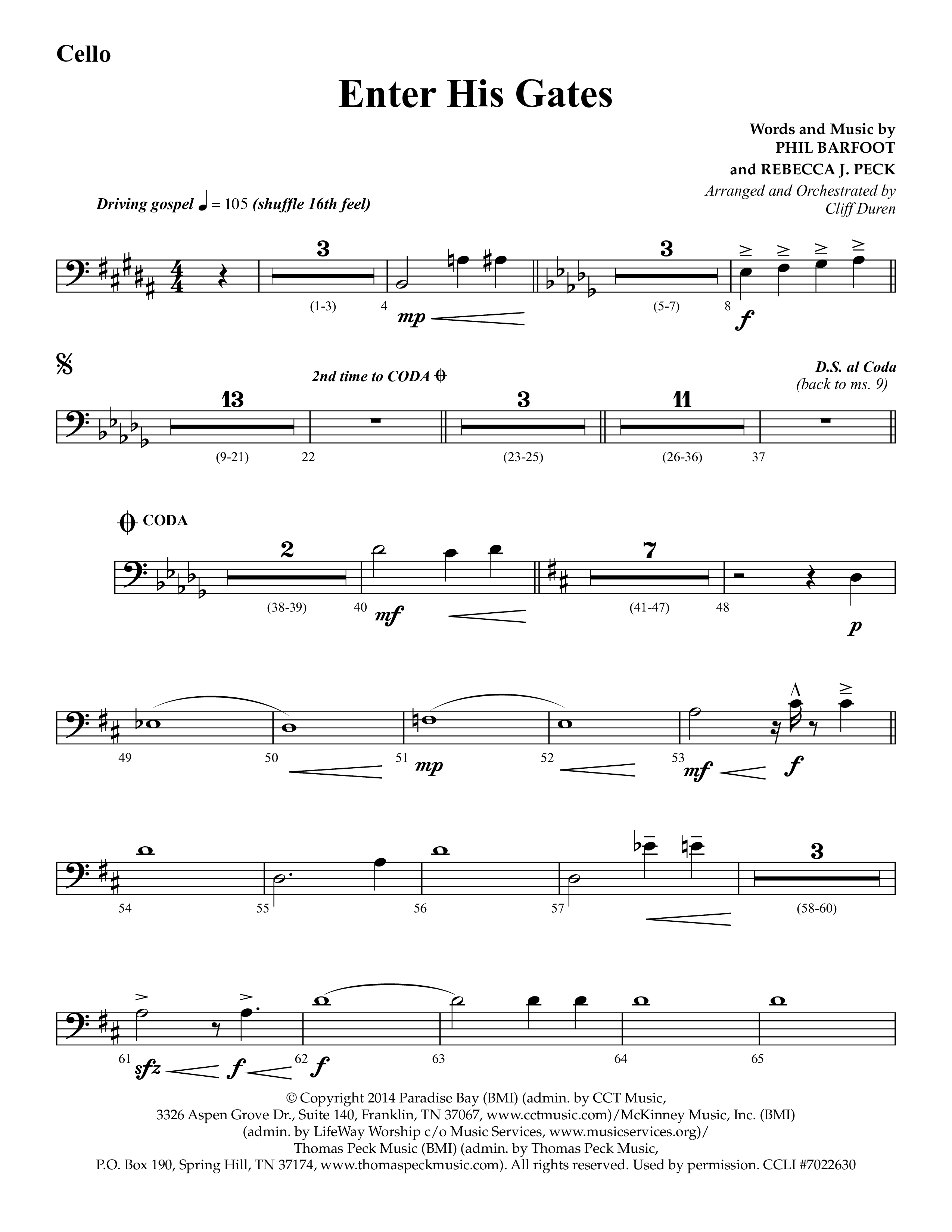Enter His Gates (Choral Anthem SATB) Cello (Lifeway Choral / Arr. Cliff Duren)
