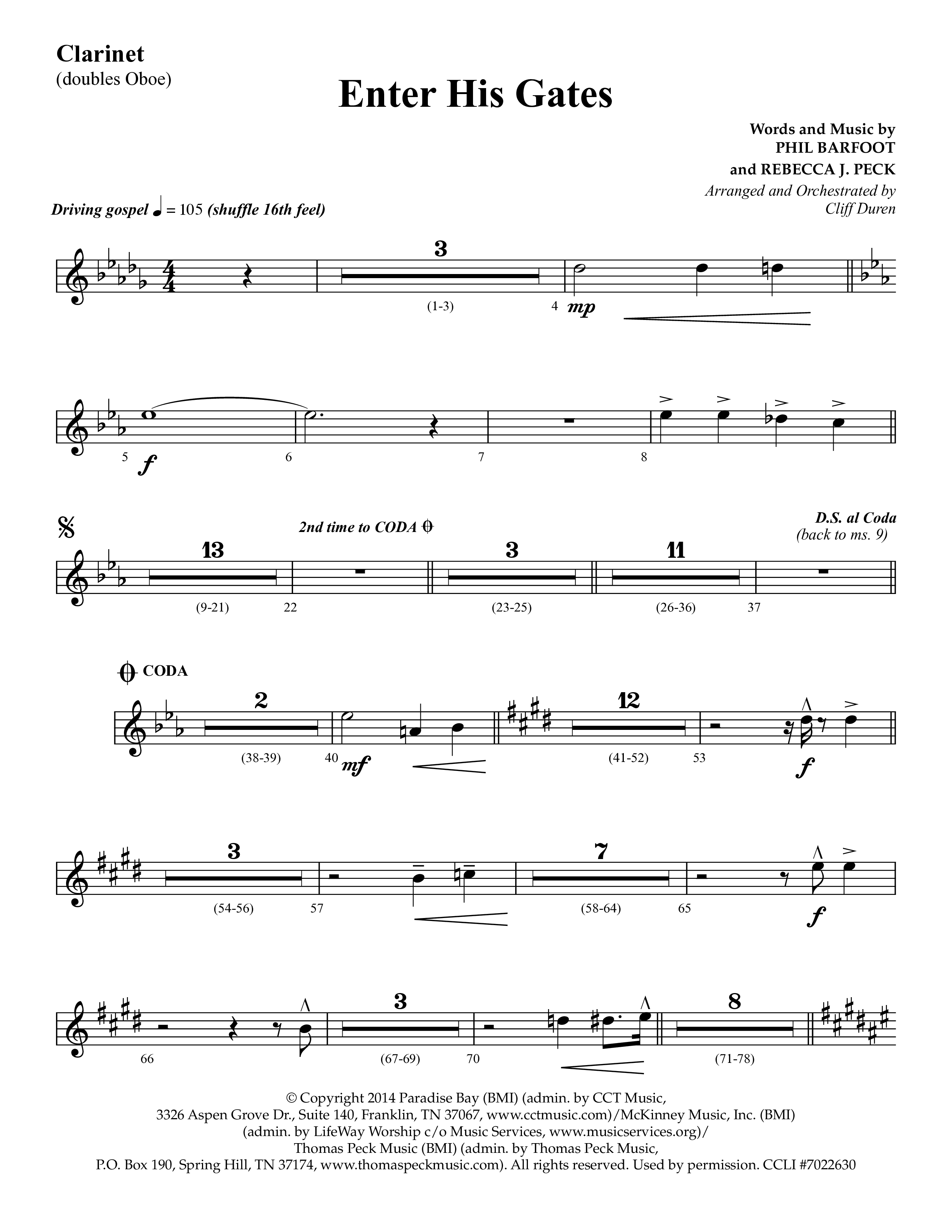 Enter His Gates (Choral Anthem SATB) Clarinet (Lifeway Choral / Arr. Cliff Duren)
