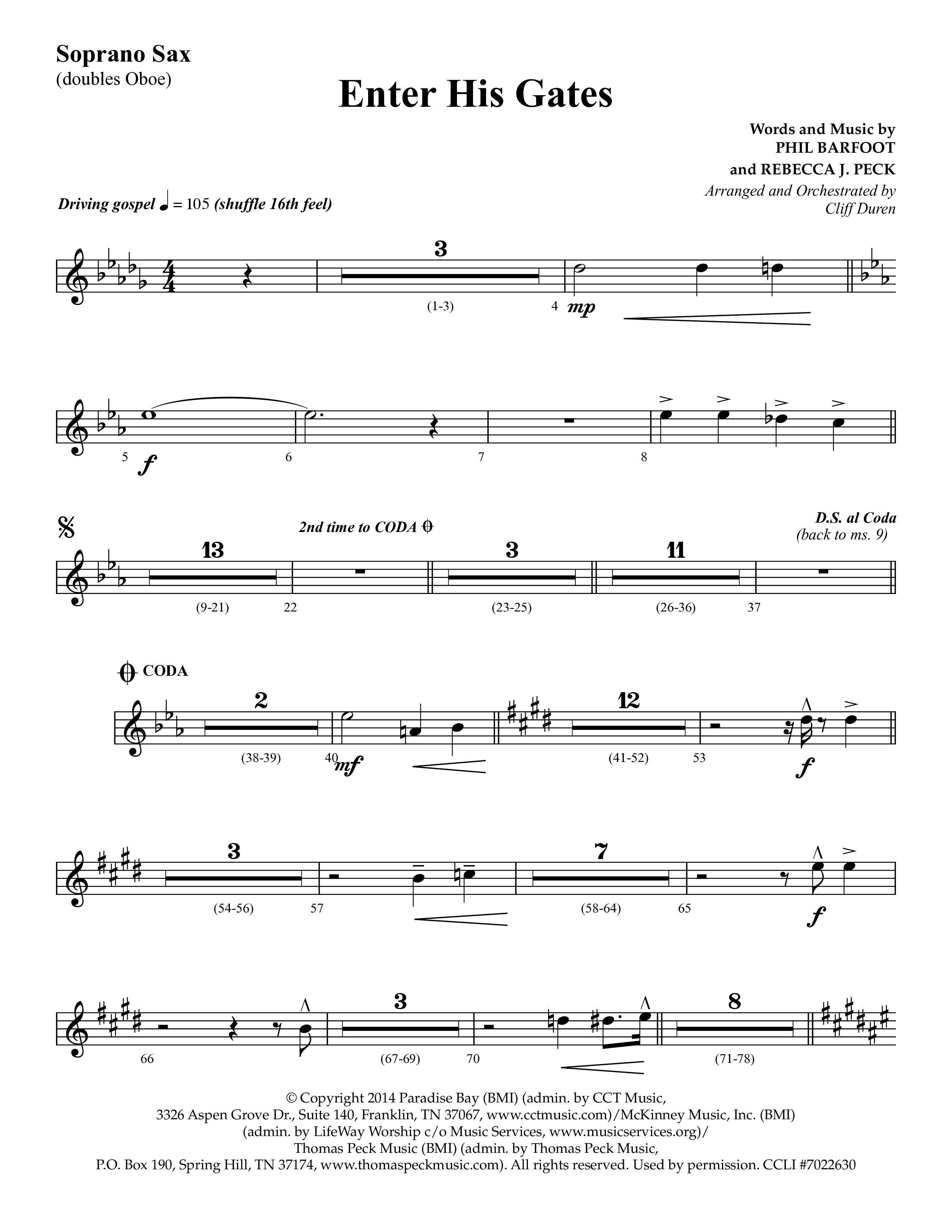 Enter His Gates (Choral Anthem SATB) Soprano Sax (Lifeway Choral / Arr. Cliff Duren)