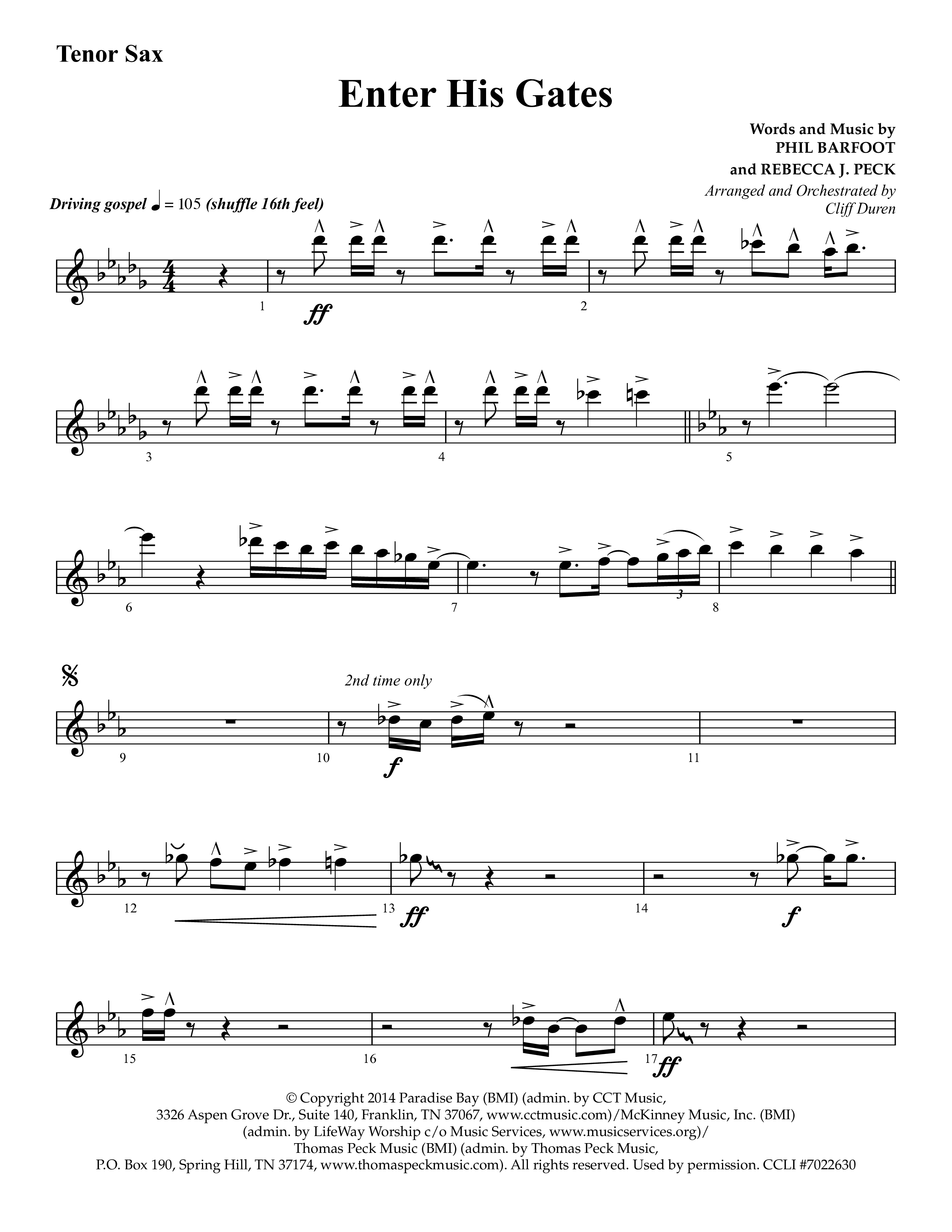 Enter His Gates (Choral Anthem SATB) Tenor Sax 1 (Lifeway Choral / Arr. Cliff Duren)