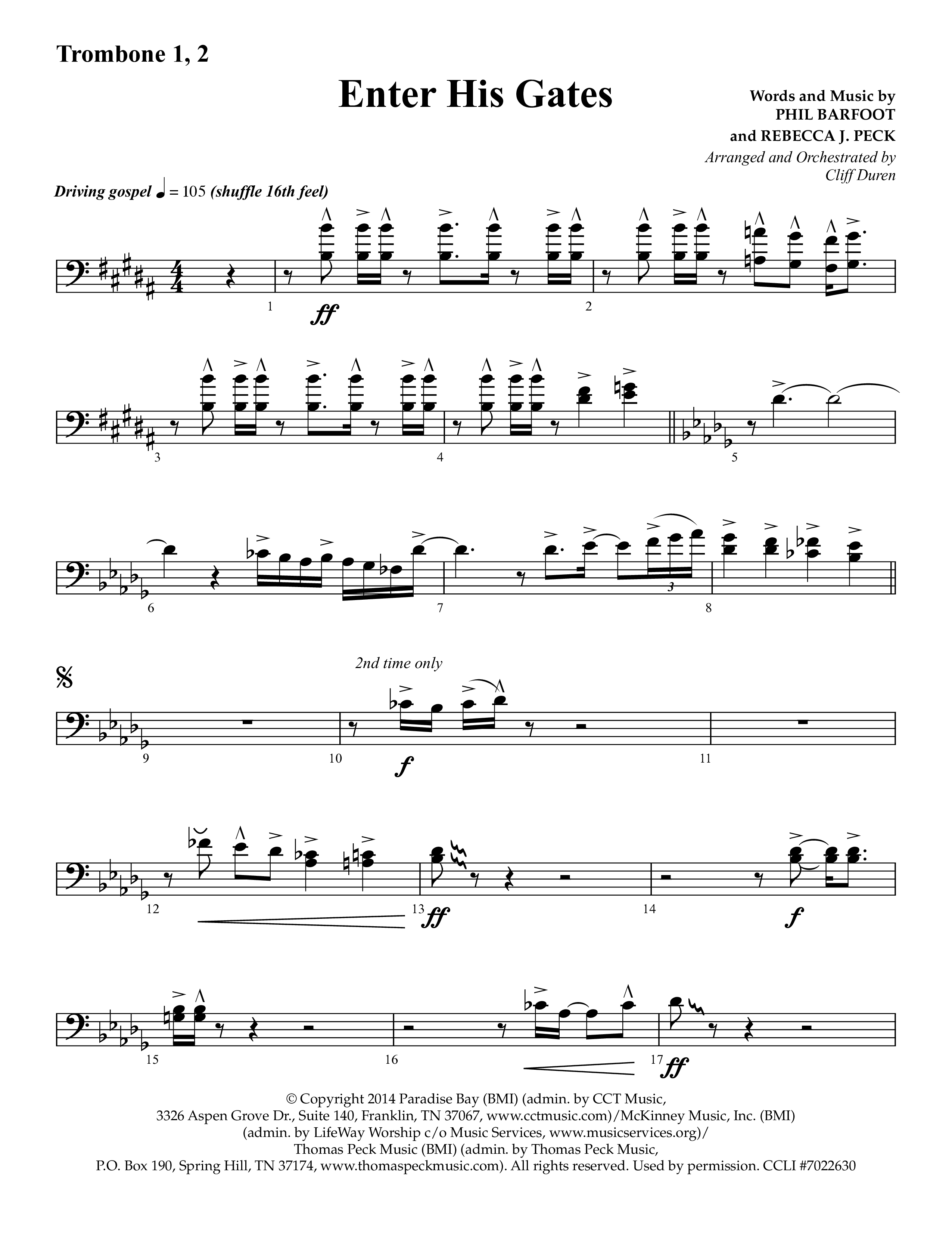 Enter His Gates (Choral Anthem SATB) Trombone 1/2 (Lifeway Choral / Arr. Cliff Duren)