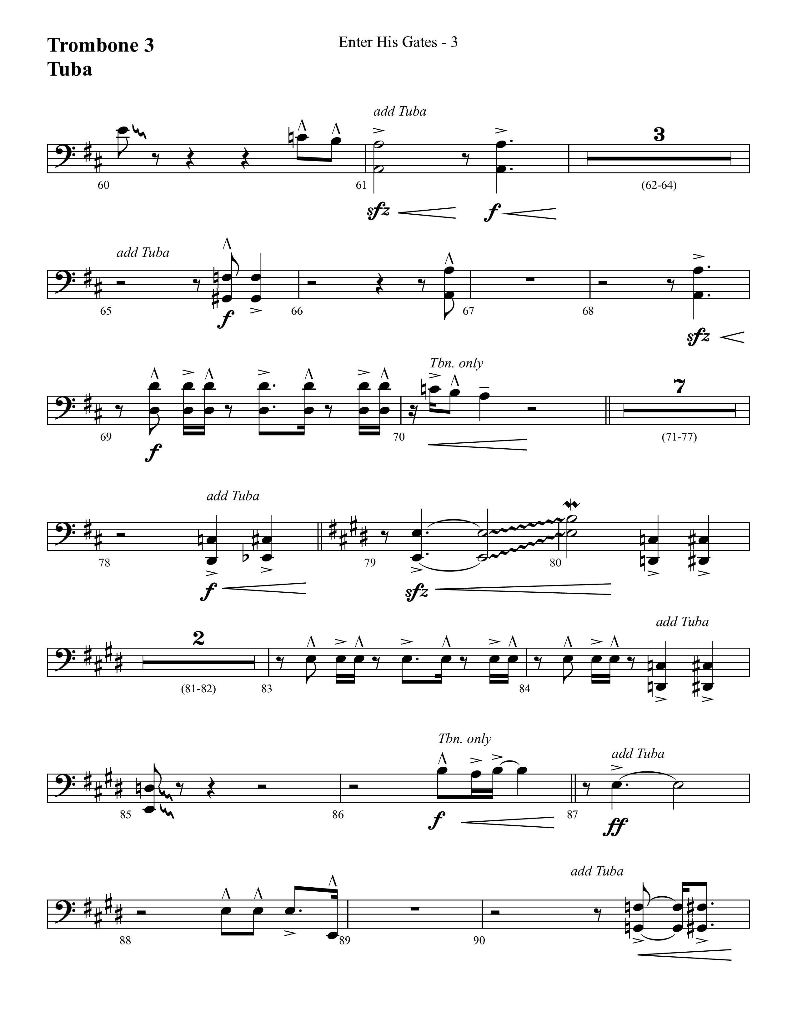 Enter His Gates (Choral Anthem SATB) Trombone 3/Tuba (Lifeway Choral / Arr. Cliff Duren)