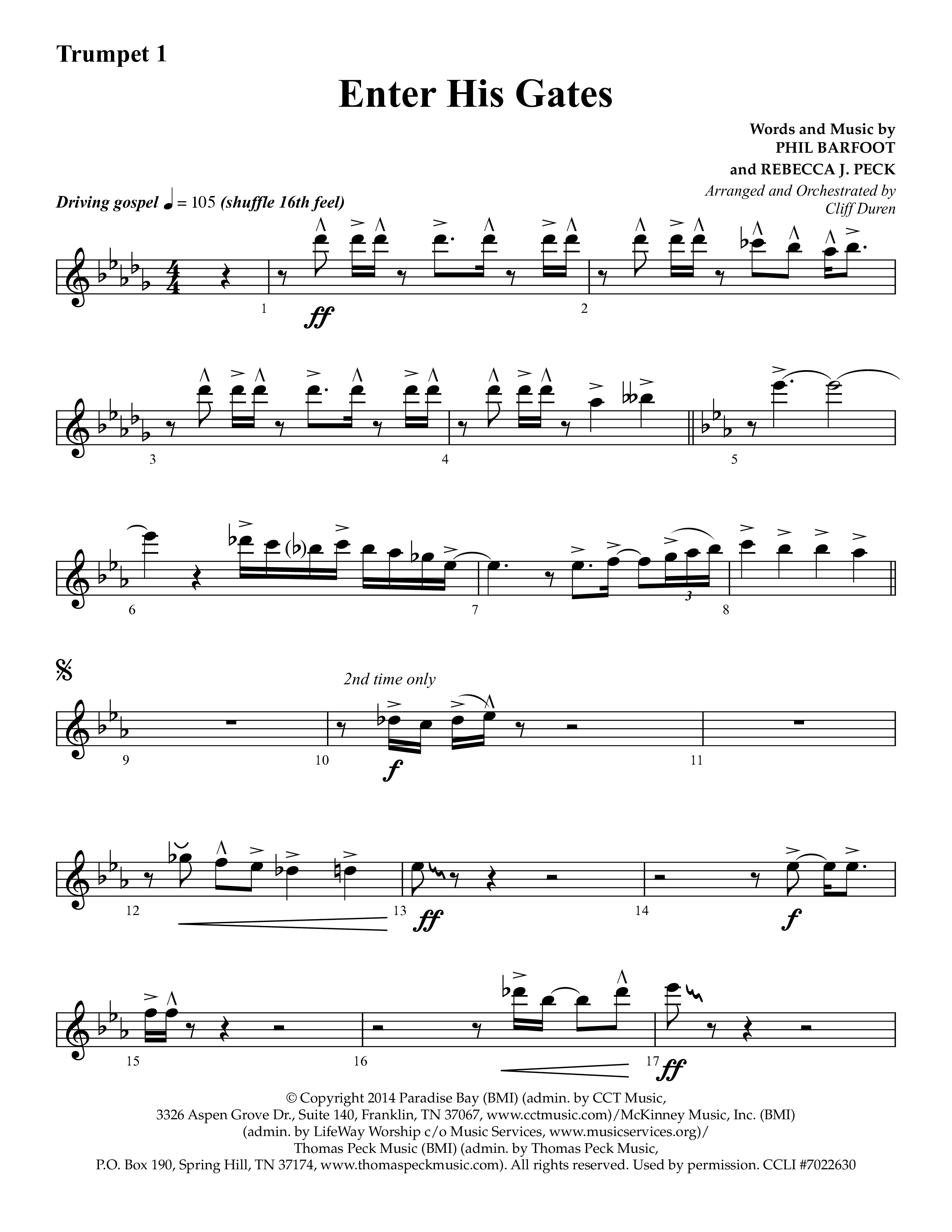 Enter His Gates (Choral Anthem SATB) Trumpet 1 (Lifeway Choral / Arr. Cliff Duren)