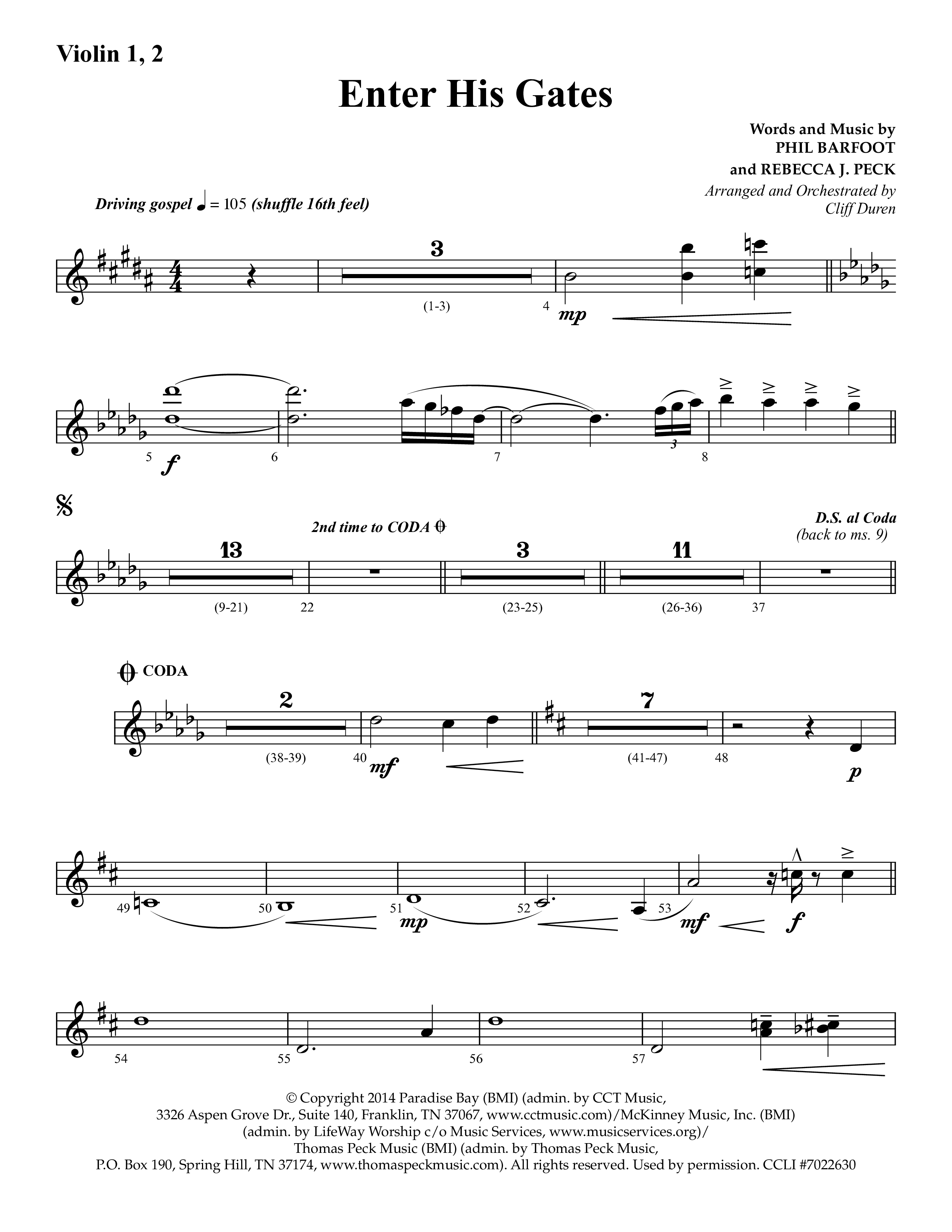 Enter His Gates (Choral Anthem SATB) Violin 1/2 (Lifeway Choral / Arr. Cliff Duren)