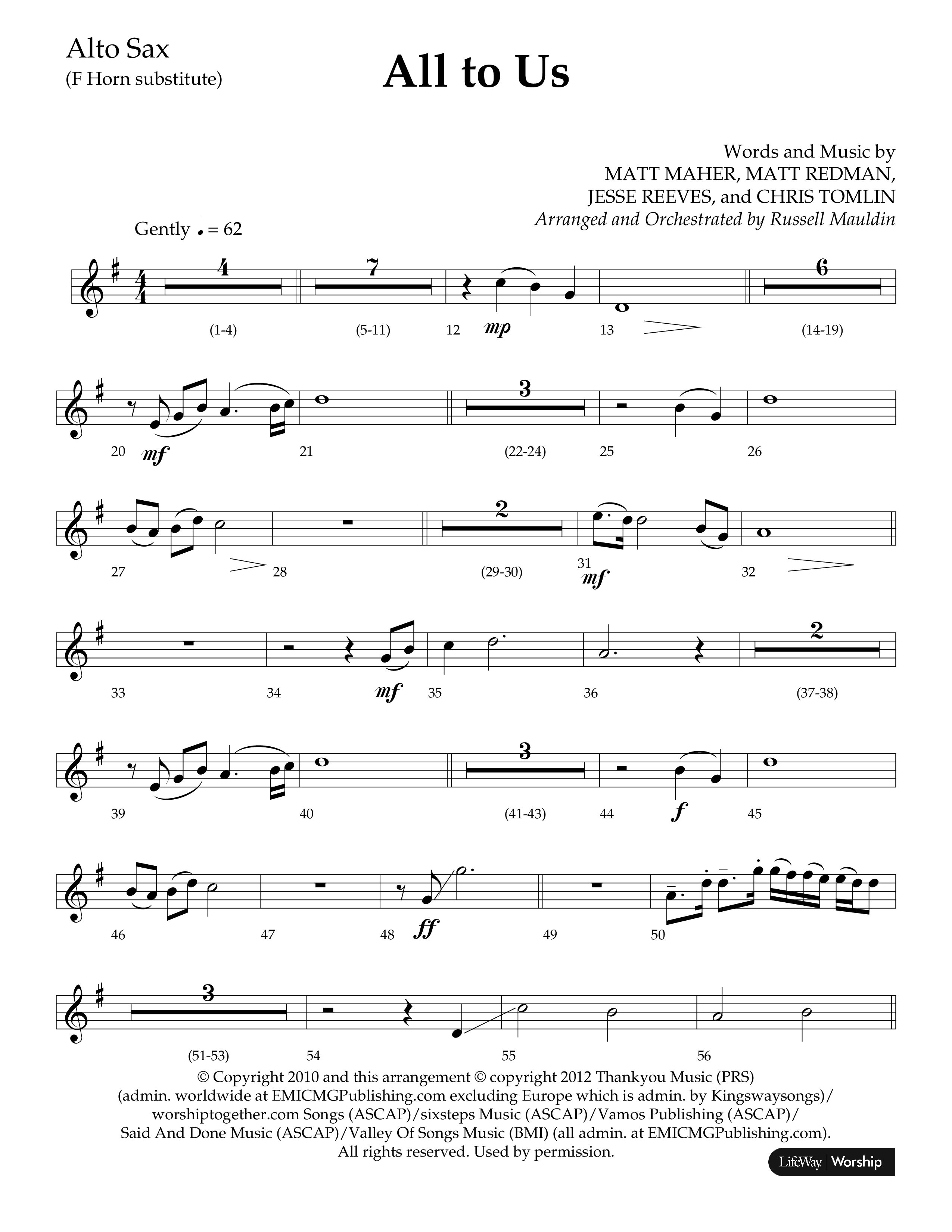 All To Us (Choral Anthem SATB) Alto Sax (Lifeway Choral / Arr. Russell Mauldin)