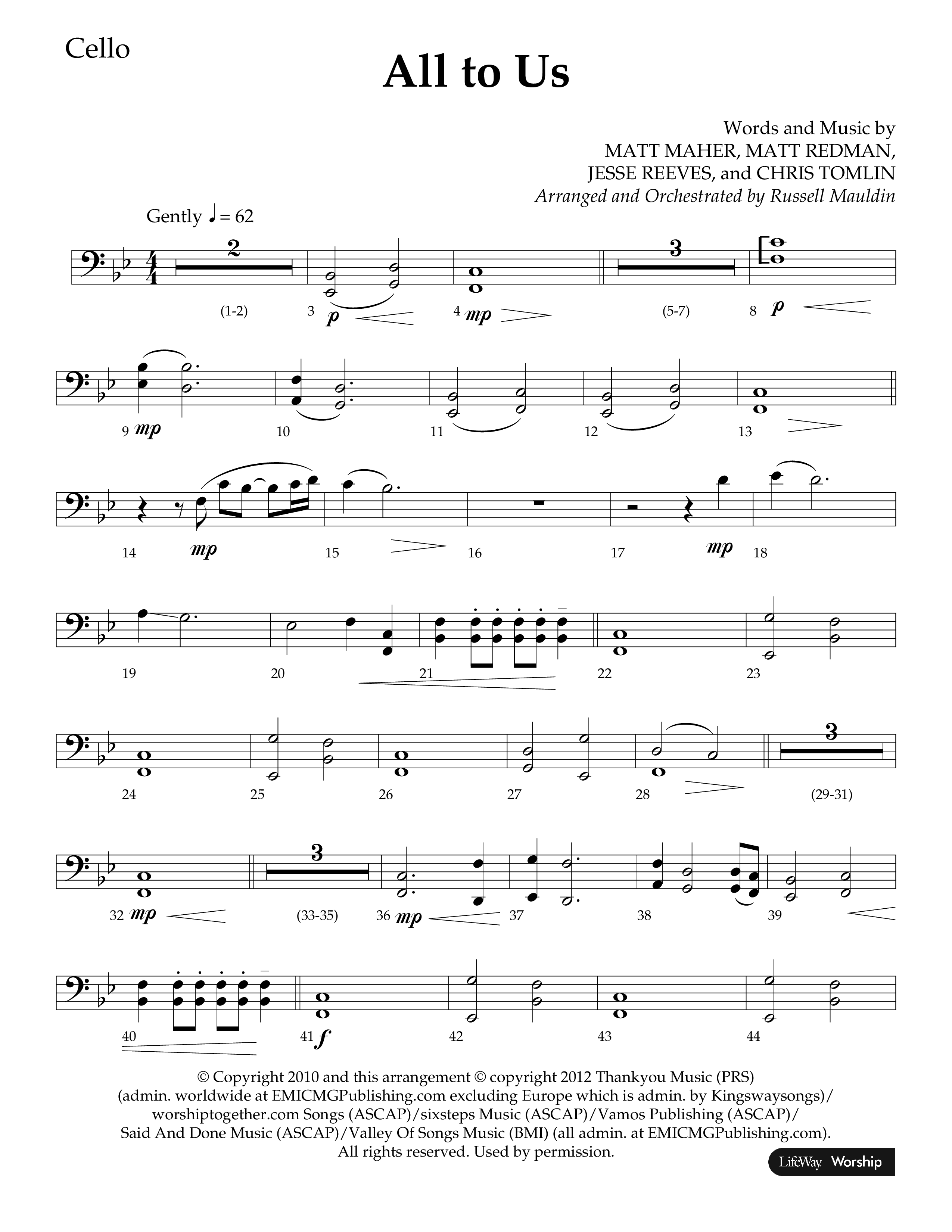 All To Us (Choral Anthem SATB) Cello (Lifeway Choral / Arr. Russell Mauldin)