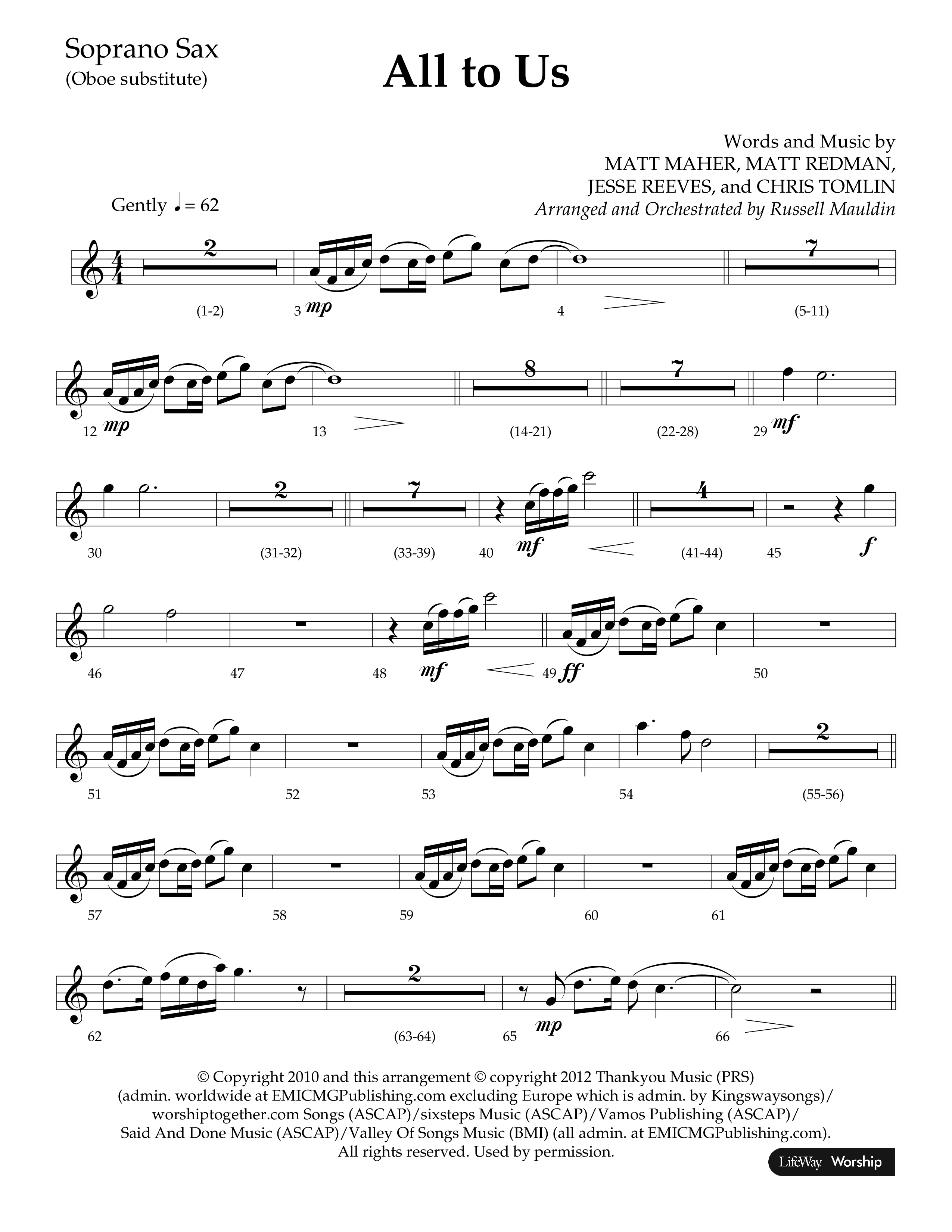 All To Us (Choral Anthem SATB) Soprano Sax (Lifeway Choral / Arr. Russell Mauldin)