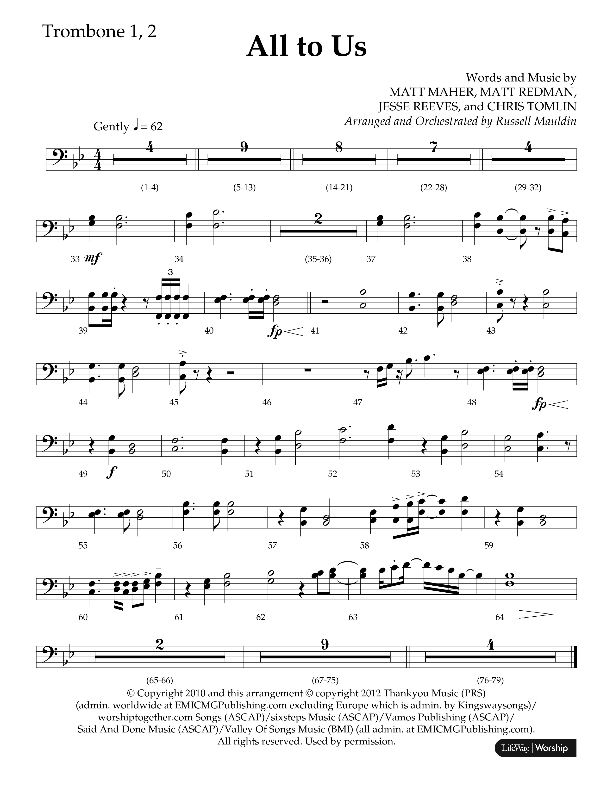 All To Us (Choral Anthem SATB) Trombone 1/2 (Lifeway Choral / Arr. Russell Mauldin)