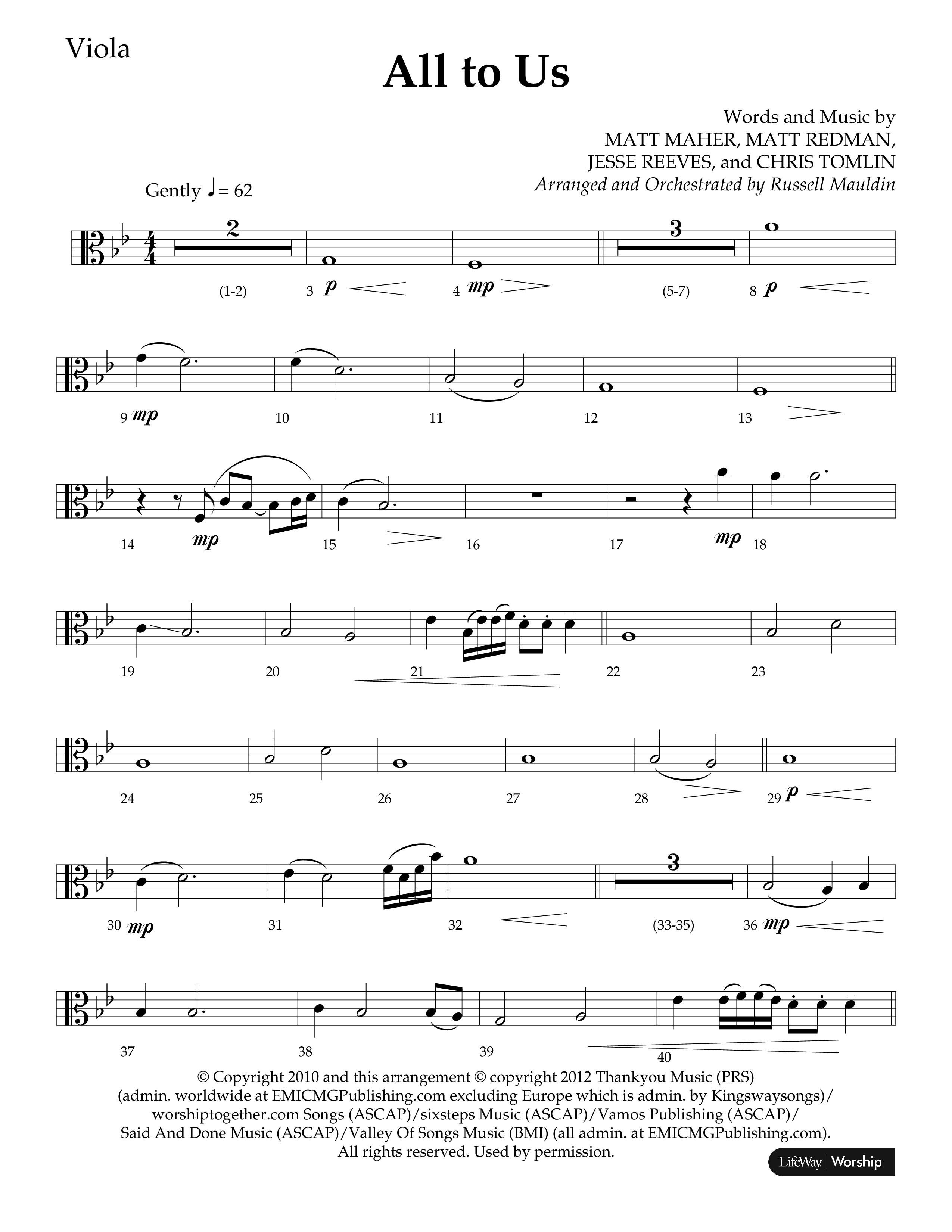 All To Us (Choral Anthem SATB) Viola (Lifeway Choral / Arr. Russell Mauldin)