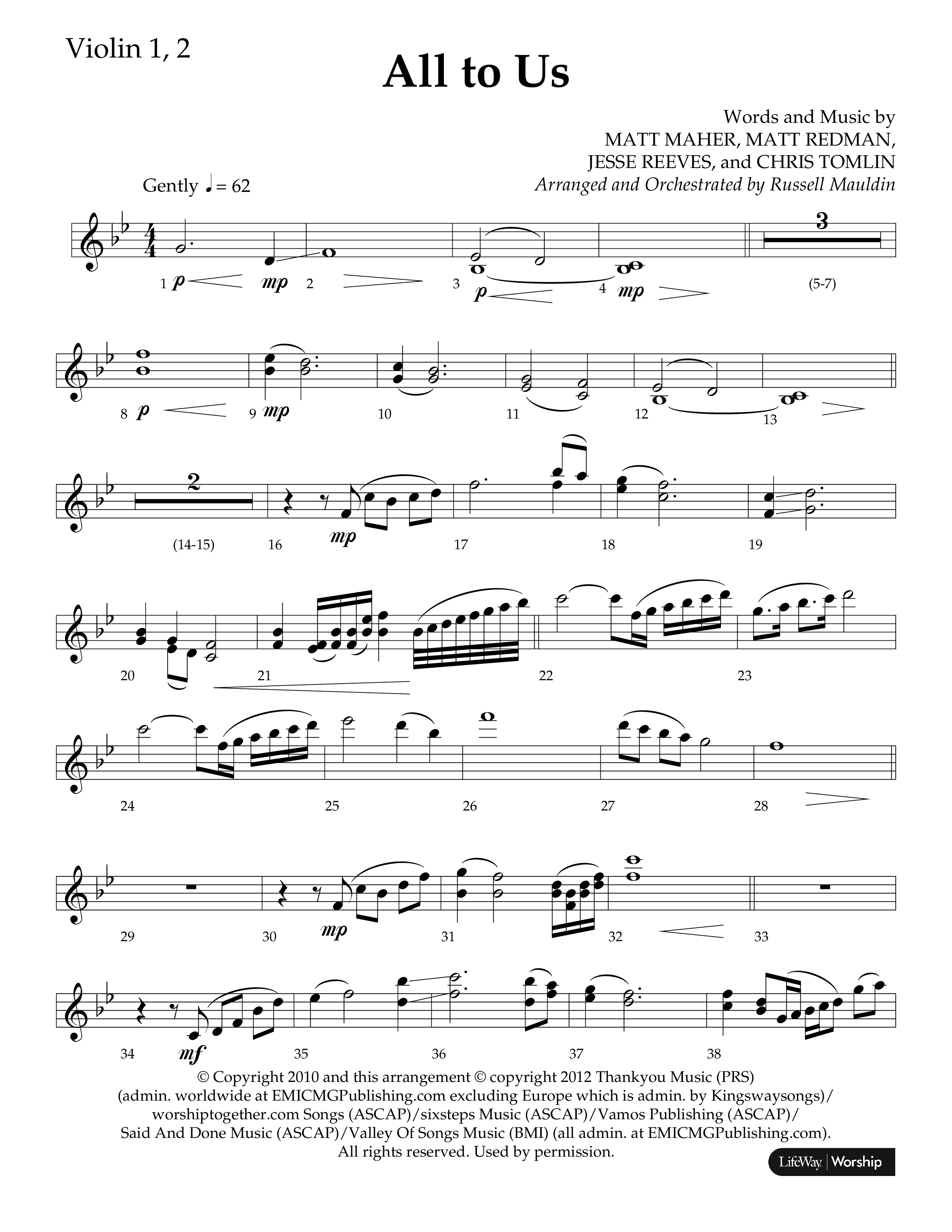 All To Us (Choral Anthem SATB) Violin 1/2 (Lifeway Choral / Arr. Russell Mauldin)