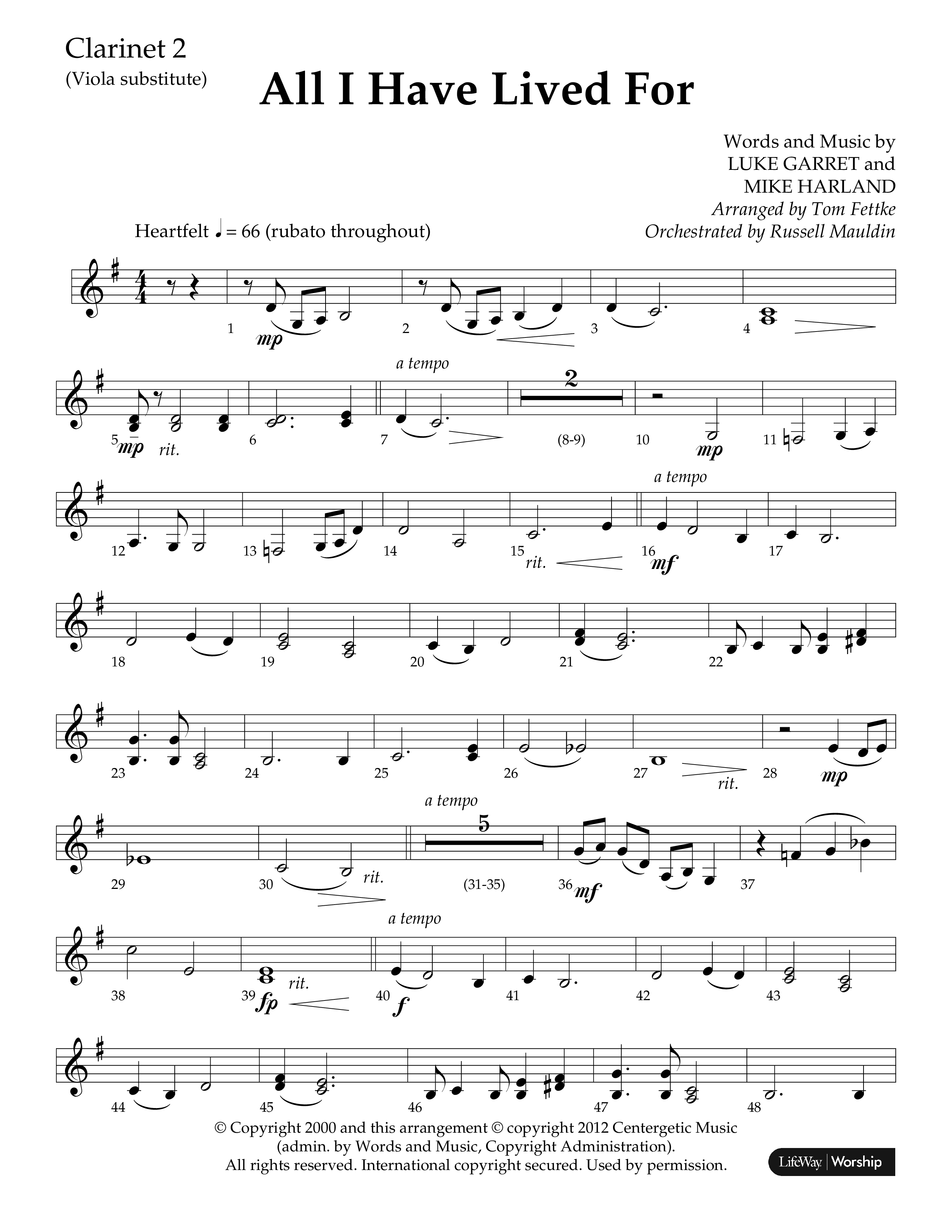 All I Have Lived For (Choral Anthem SATB) Clarinet 1/2 (Lifeway Choral / Arr. Russell Mauldin)