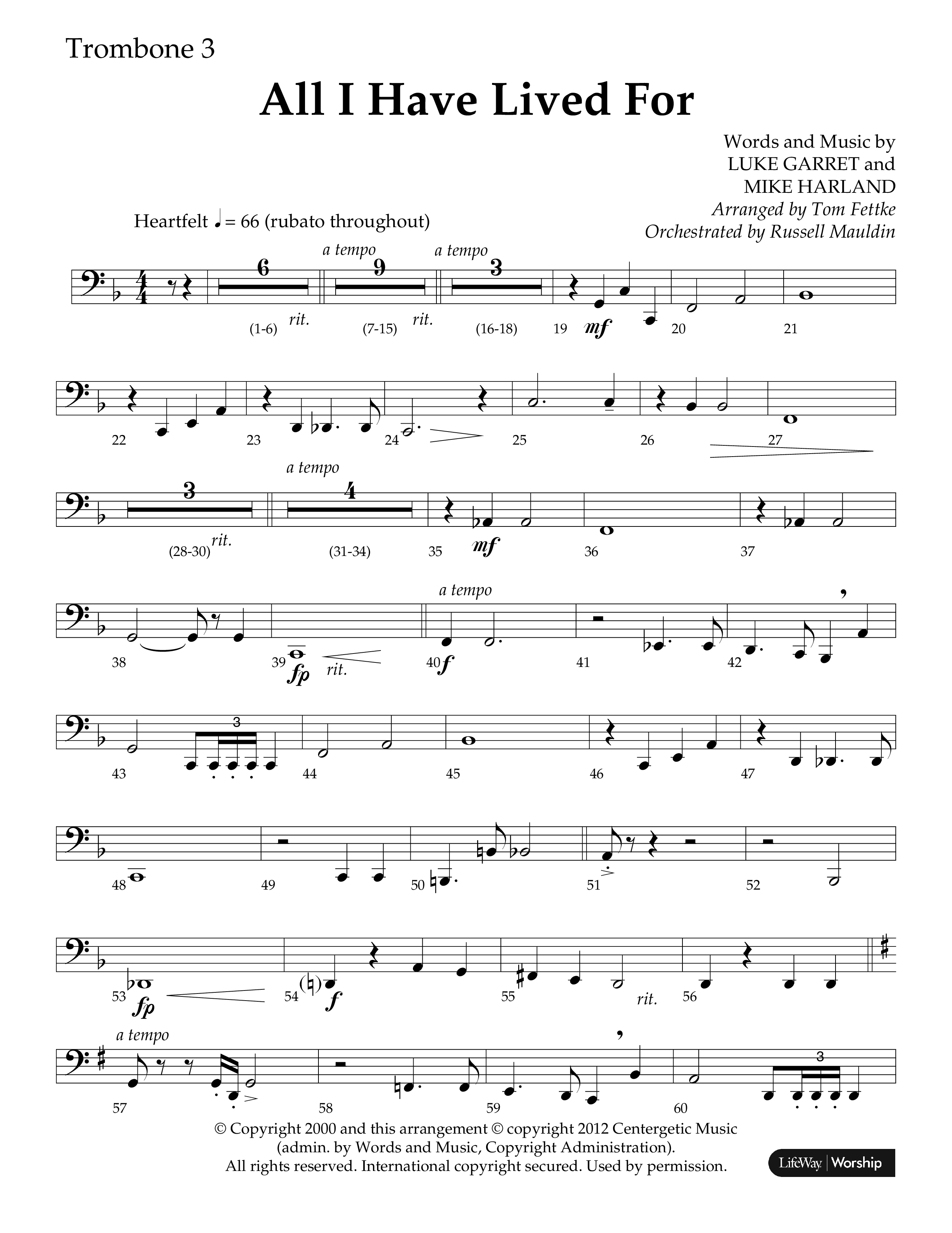 All I Have Lived For (Choral Anthem SATB) Trombone 3 (Lifeway Choral / Arr. Russell Mauldin)