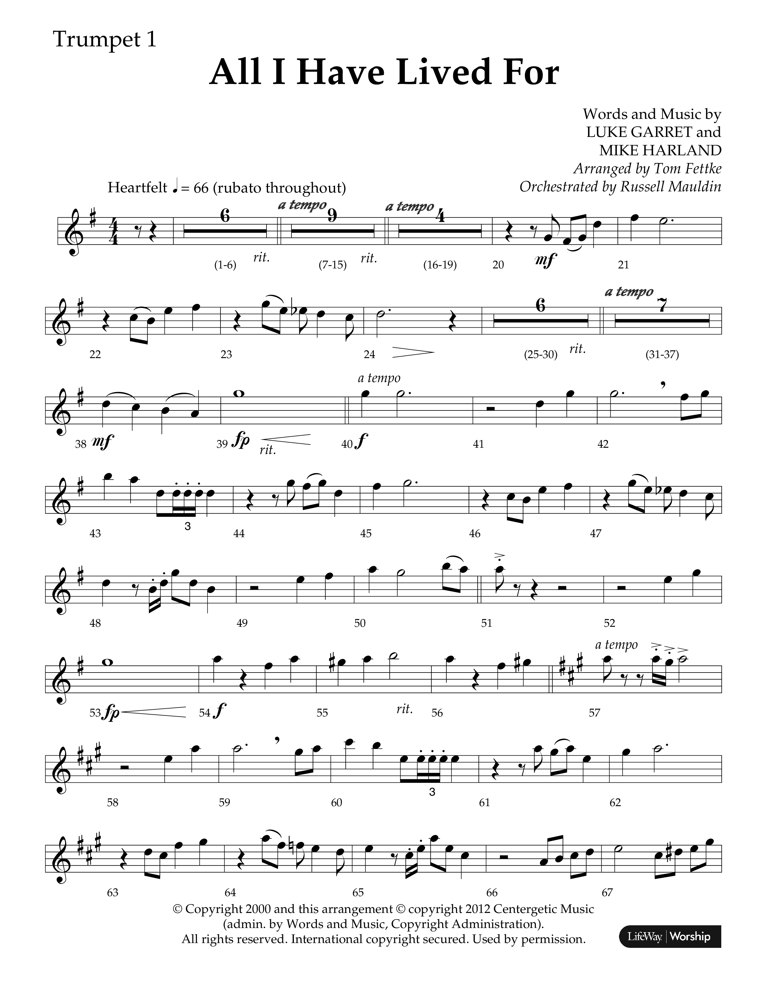 All I Have Lived For (Choral Anthem SATB) Trumpet 1 (Lifeway Choral / Arr. Russell Mauldin)