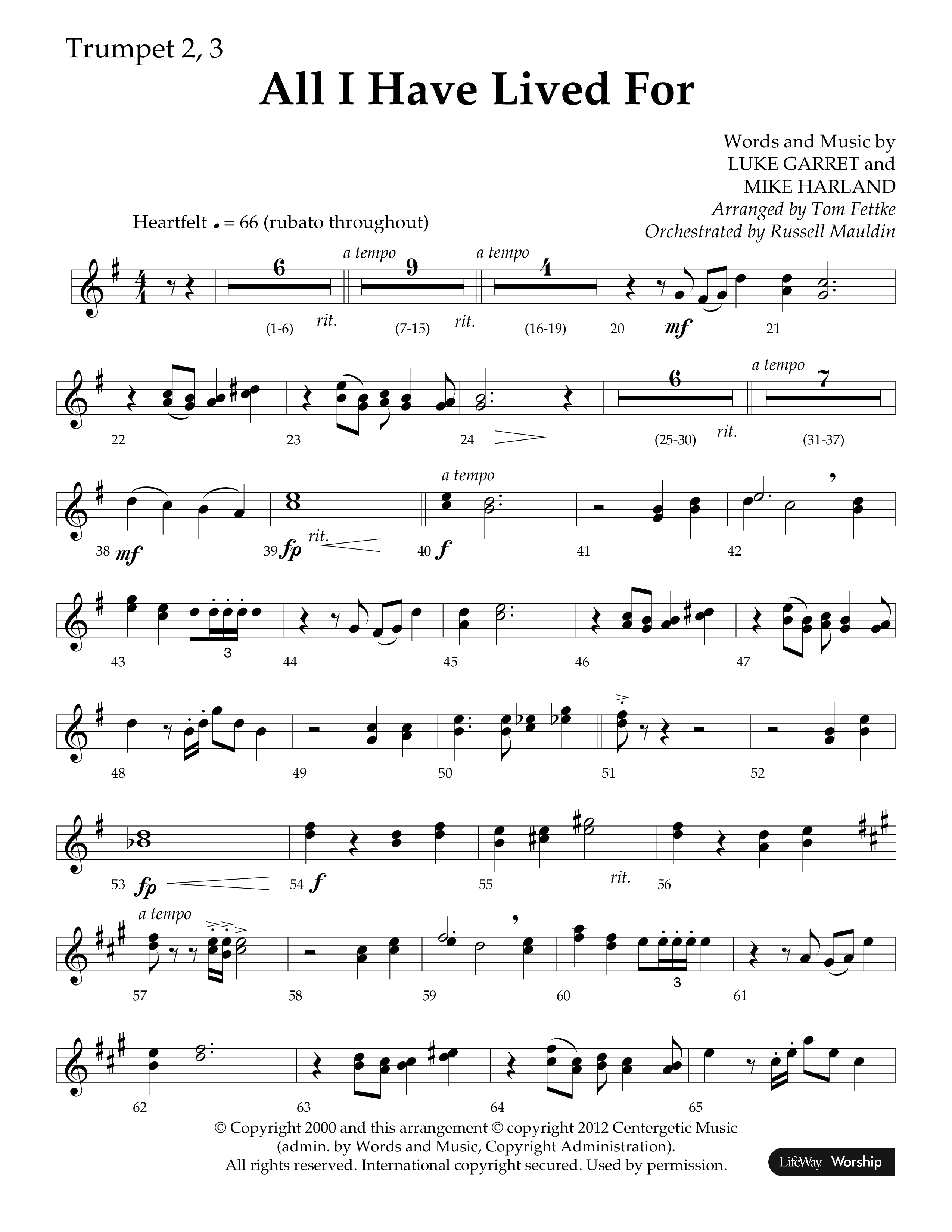 All I Have Lived For (Choral Anthem SATB) Trumpet 2/3 (Lifeway Choral / Arr. Russell Mauldin)
