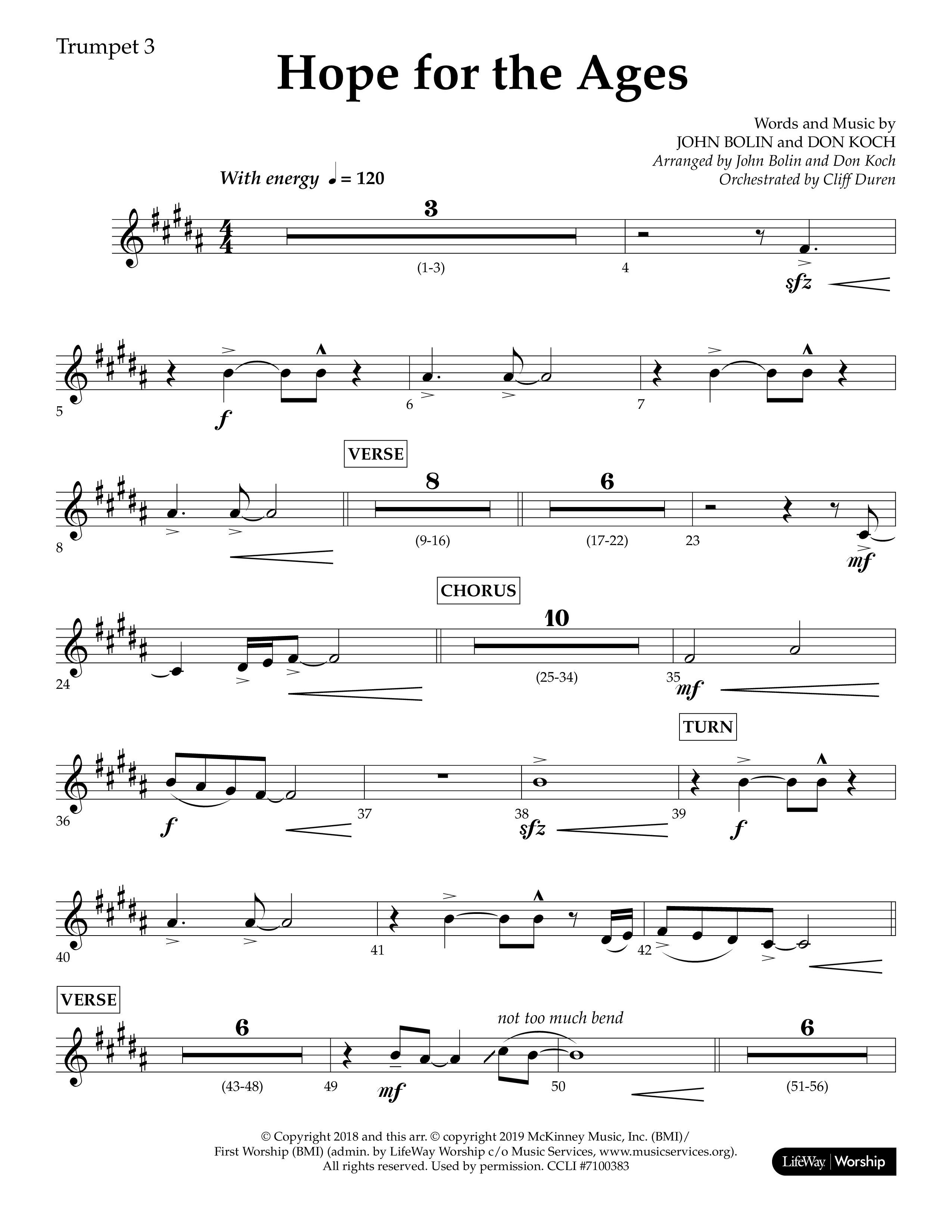Hope For The Ages (Choral Anthem SATB) Trumpet 3 (Lifeway Choral / Arr. John Bolin / Arr. Don Koch / Orch. Cliff Duren)