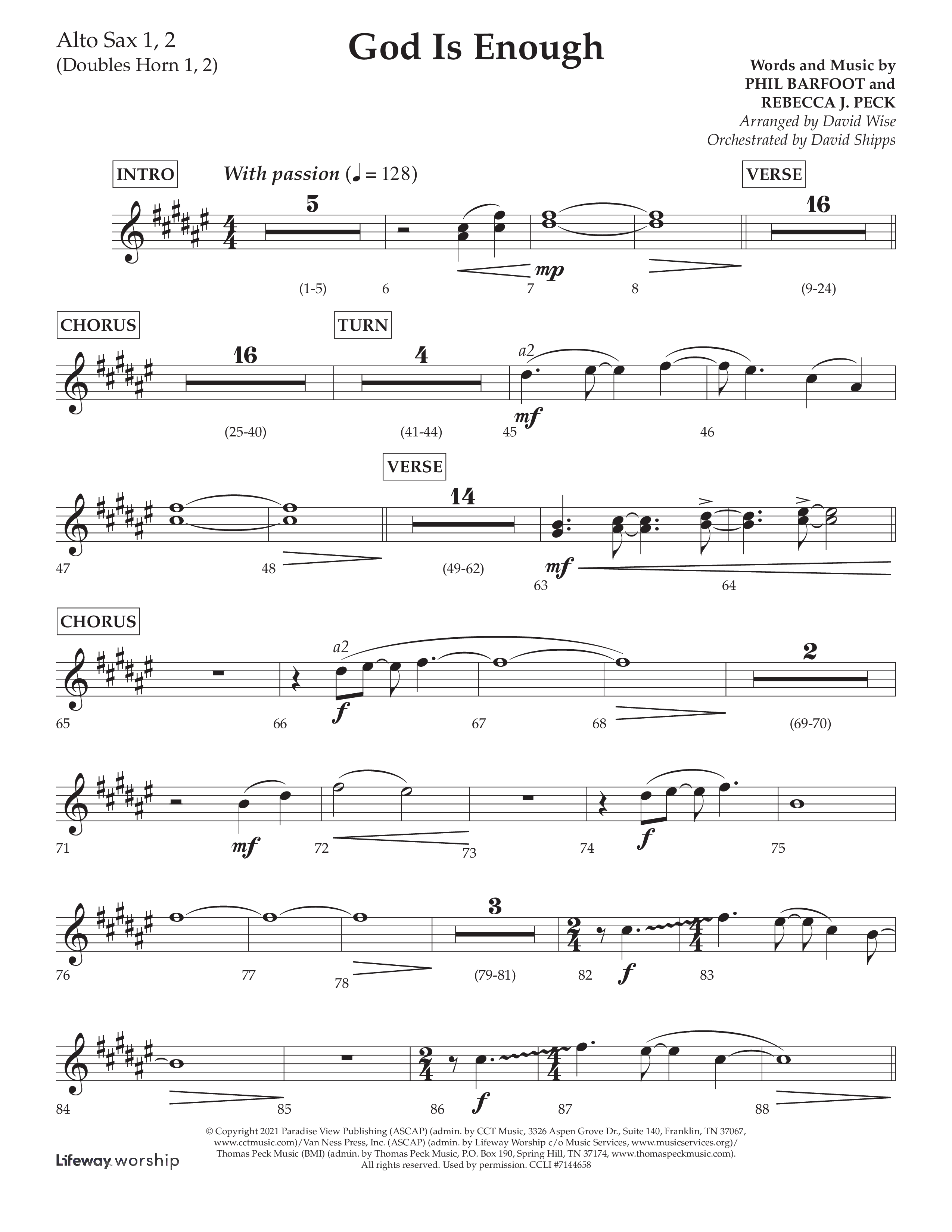 God Is Enough (Choral Anthem SATB) Alto Sax 1/2 (Lifeway Choral / Arr. David Wise / Orch. David Shipps)