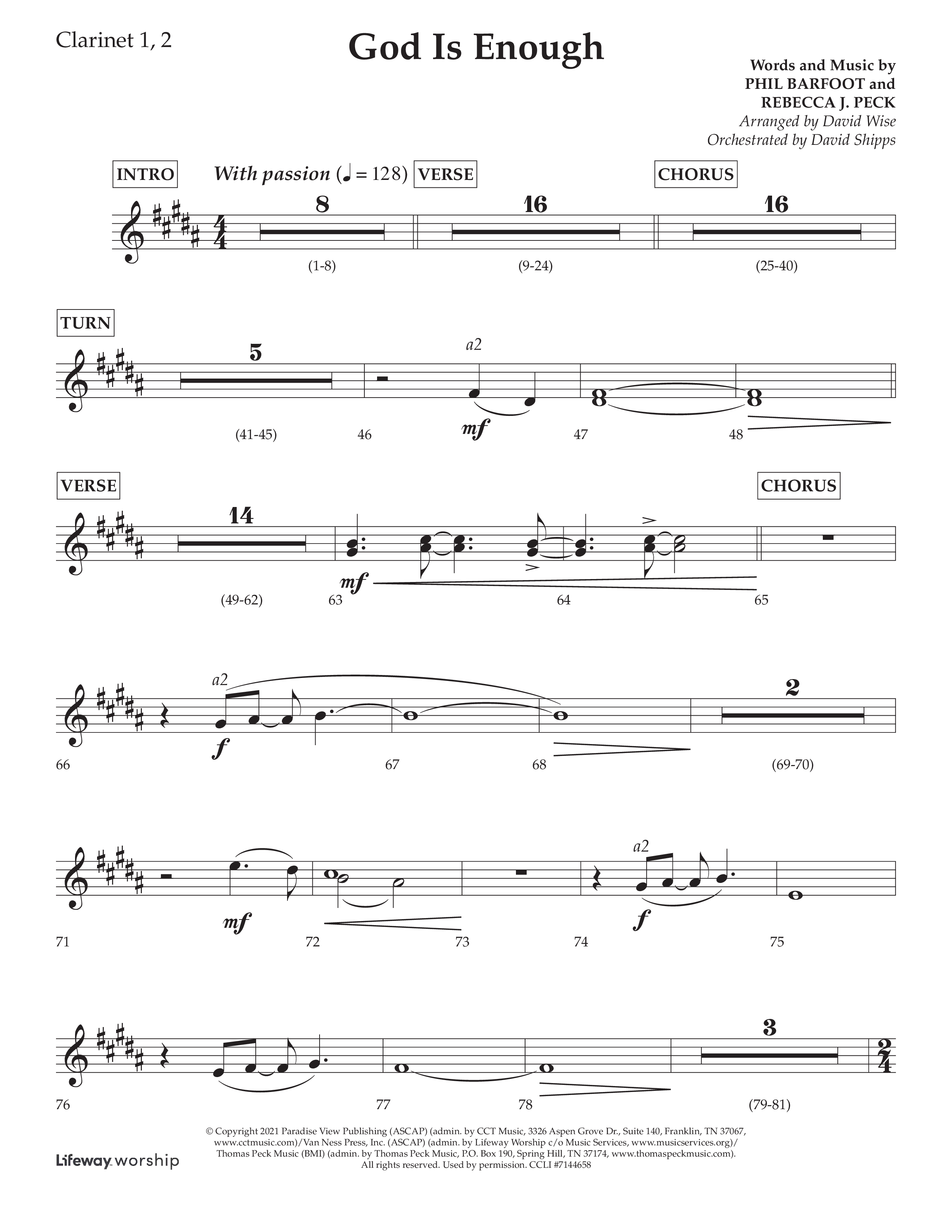God Is Enough (Choral Anthem SATB) Clarinet 1/2 (Lifeway Choral / Arr. David Wise / Orch. David Shipps)