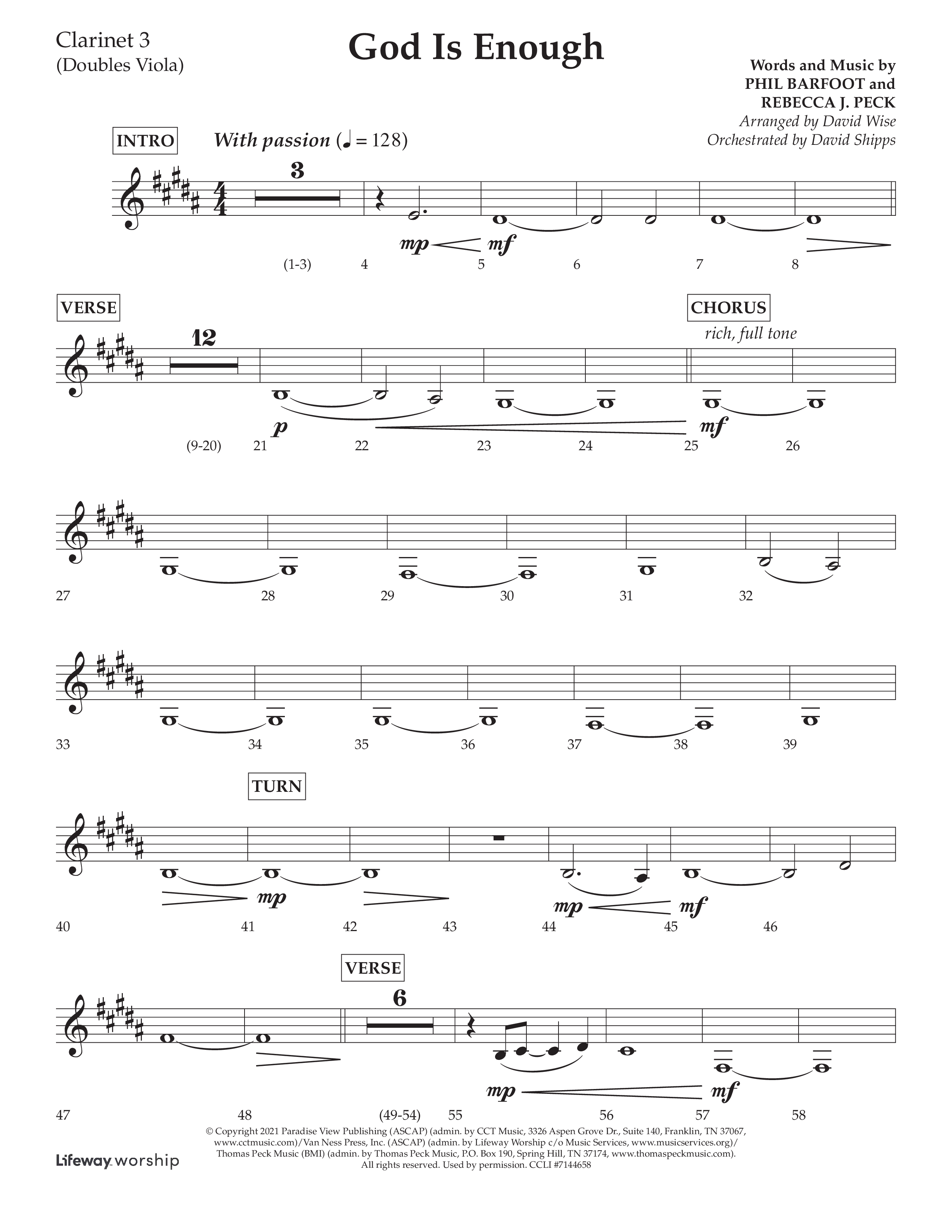 God Is Enough (Choral Anthem SATB) Clarinet 3 (Lifeway Choral / Arr. David Wise / Orch. David Shipps)