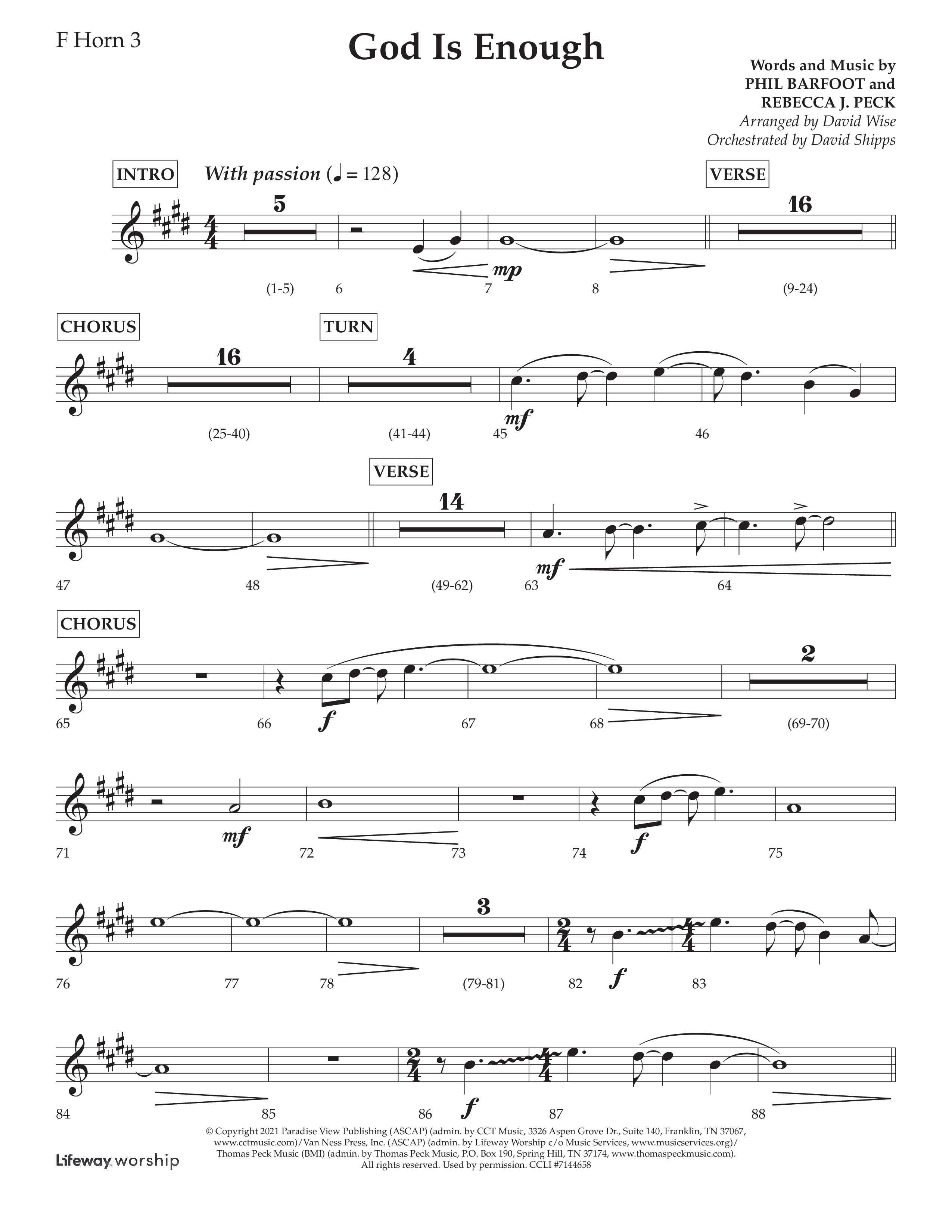 God Is Enough (Choral Anthem SATB) French Horn 3 (Lifeway Choral / Arr. David Wise / Orch. David Shipps)