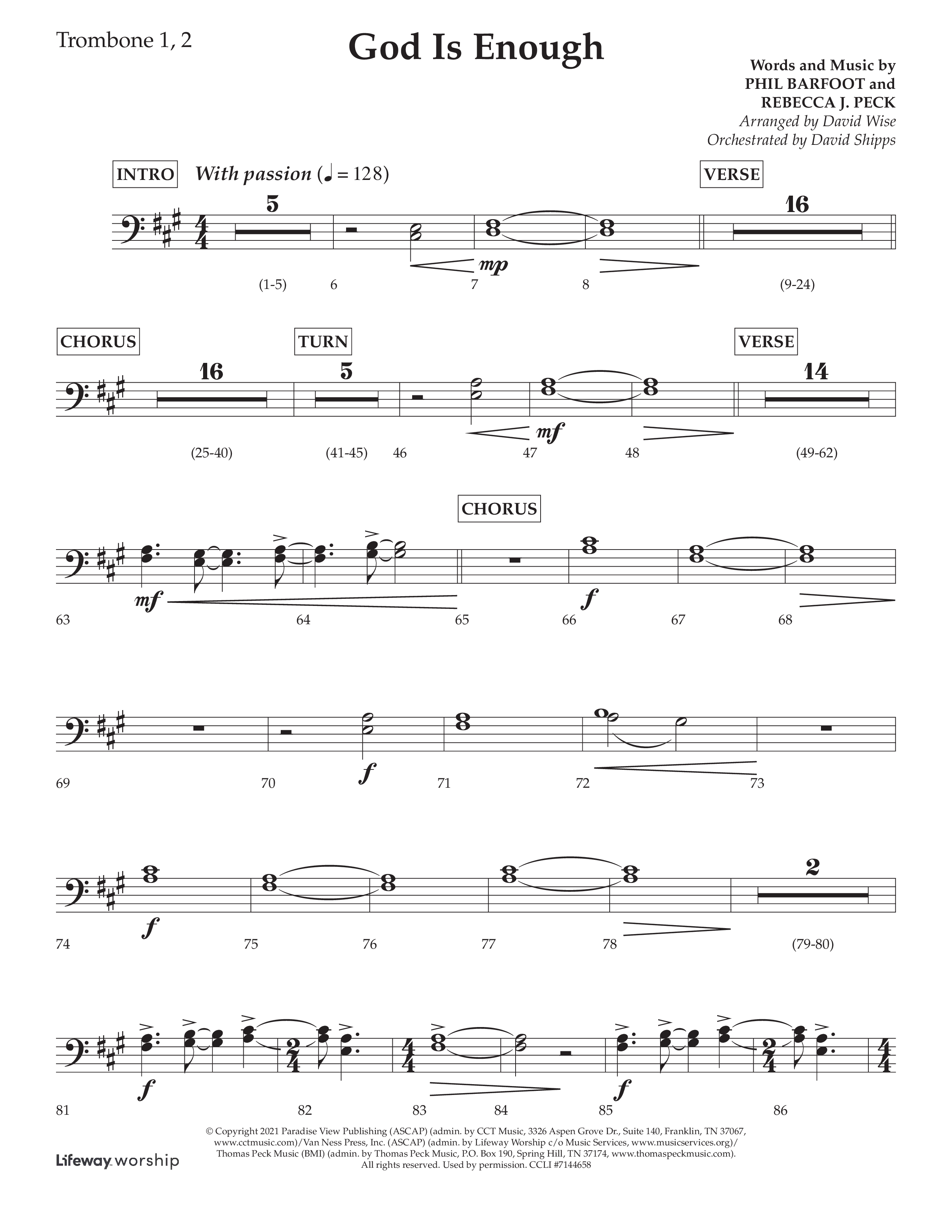 God Is Enough (Choral Anthem SATB) Trombone 1/2 (Lifeway Choral / Arr. David Wise / Orch. David Shipps)