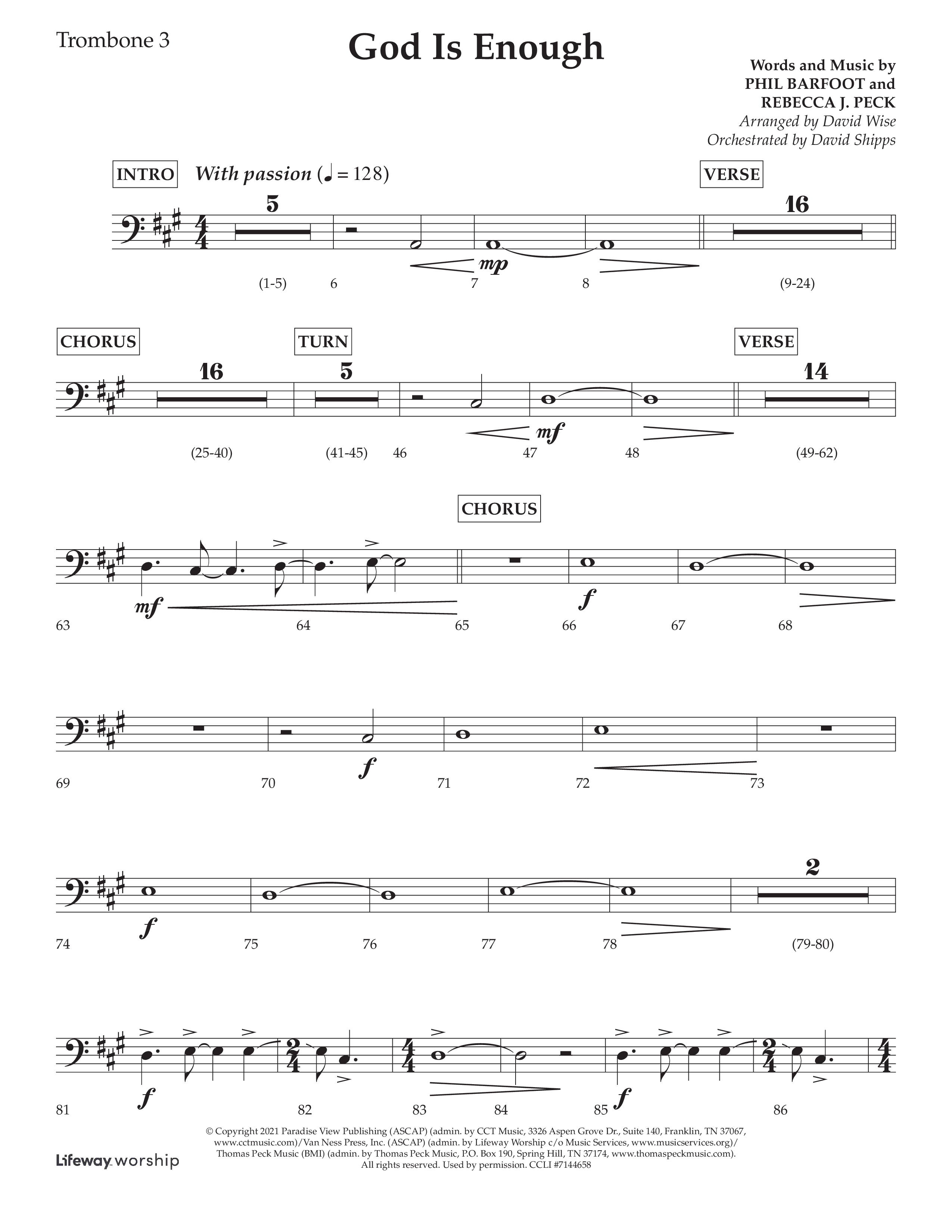 God Is Enough (Choral Anthem SATB) Trombone 3 (Lifeway Choral / Arr. David Wise / Orch. David Shipps)