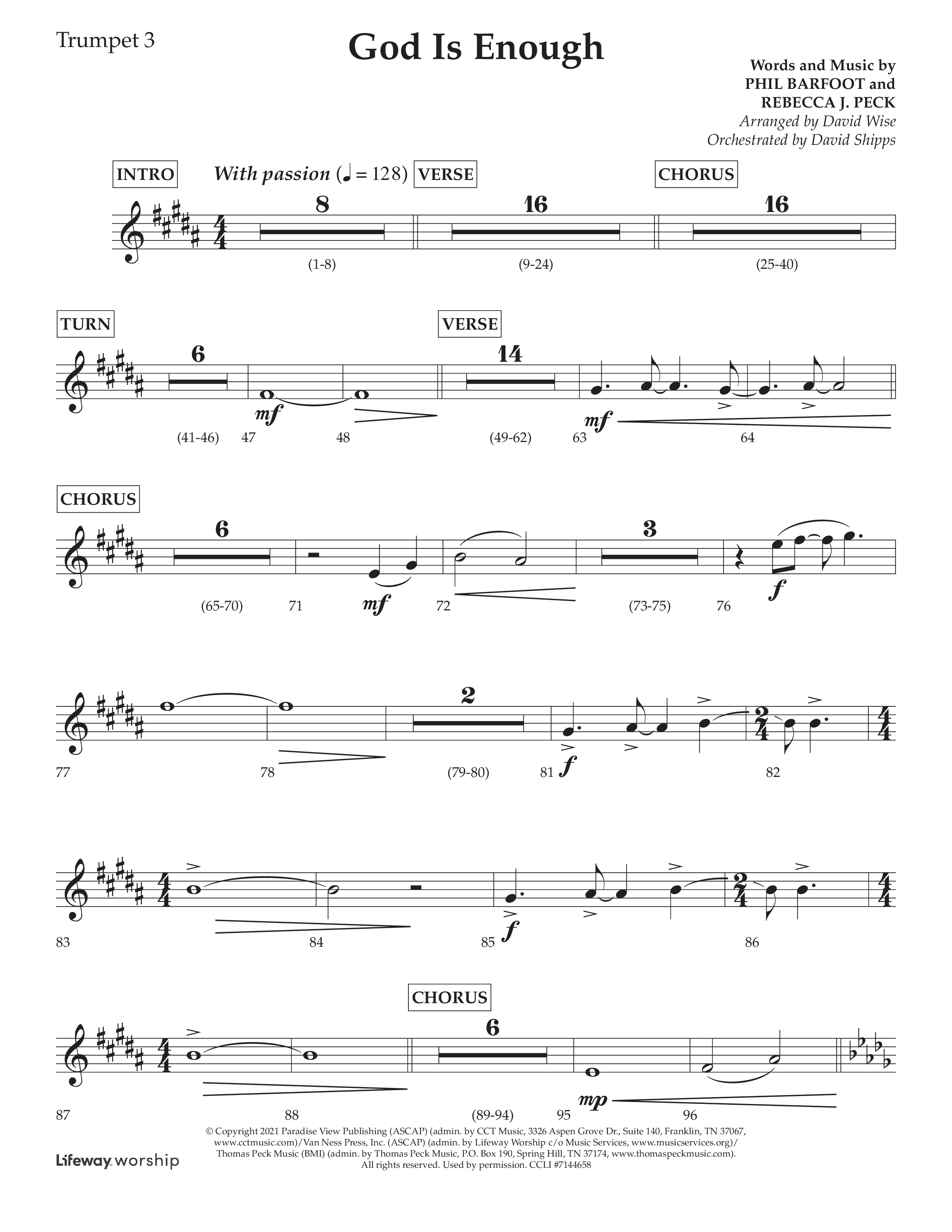 God Is Enough (Choral Anthem SATB) Trumpet 3 (Lifeway Choral / Arr. David Wise / Orch. David Shipps)