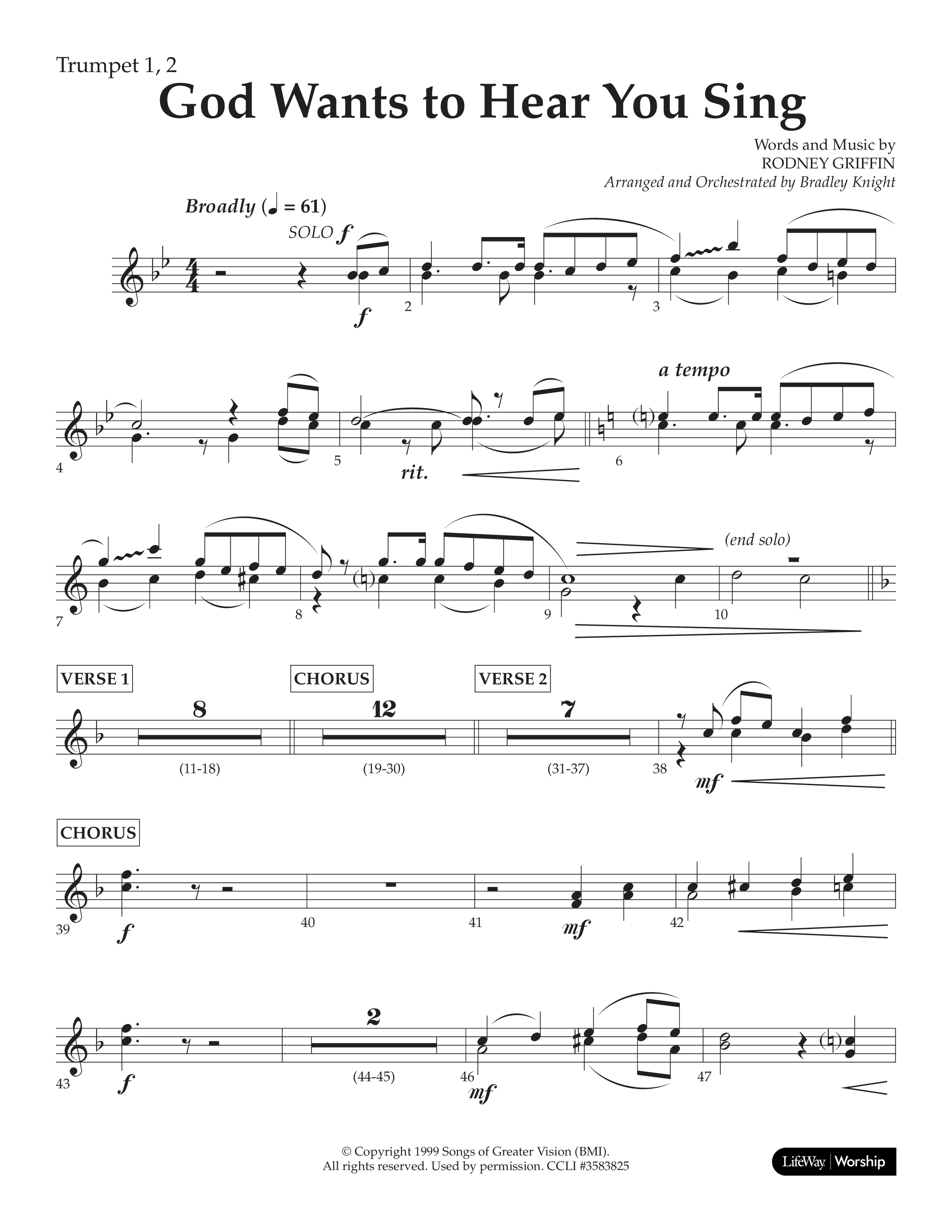 God Wants To Hear You Sing (Choral Anthem SATB) Trumpet 1,2 (Lifeway Choral / Arr. Bradley Knight)