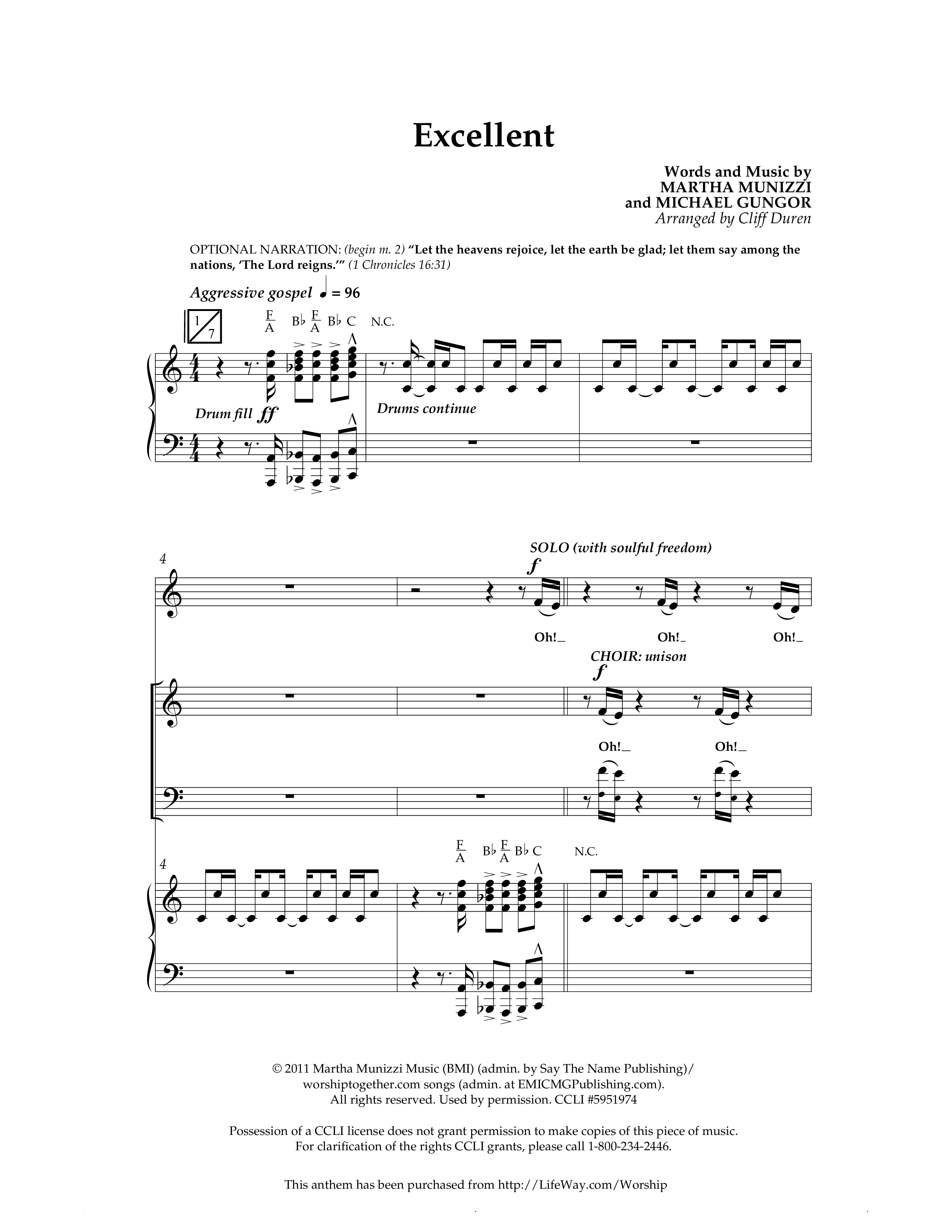 Excellent (Choral Anthem SATB) Anthem (SATB/Piano) (Lifeway Choral / Arr. Cliff Duren)