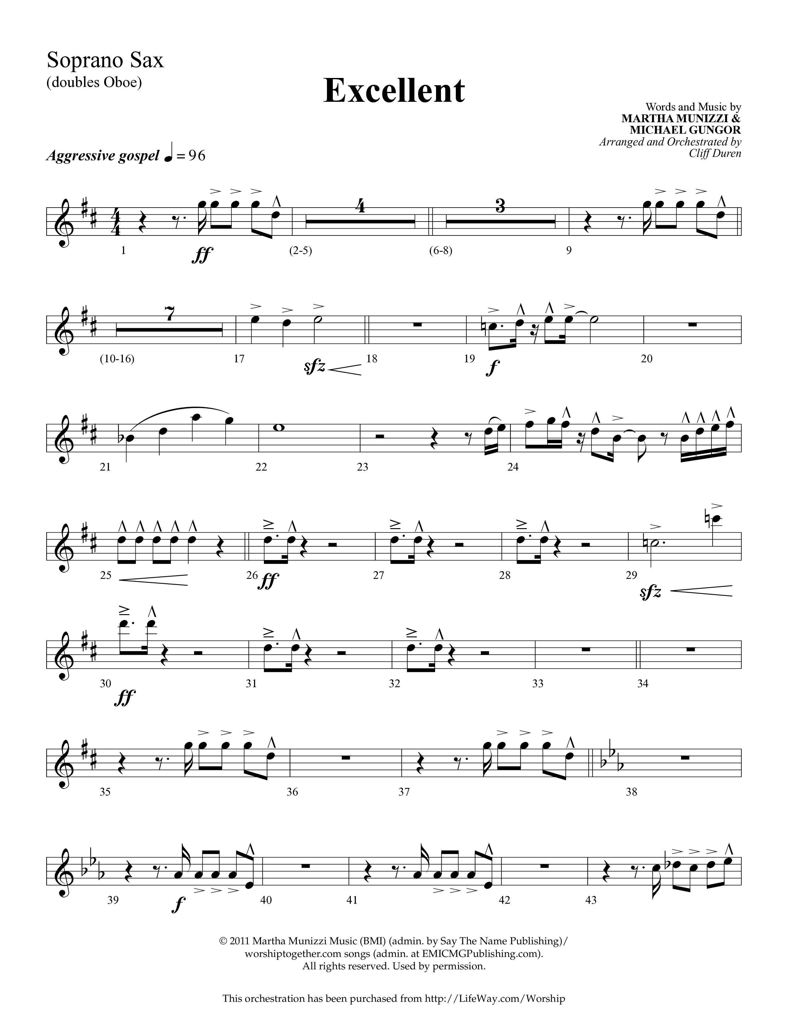 Excellent (Choral Anthem SATB) Soprano Sax (Lifeway Choral / Arr. Cliff Duren)