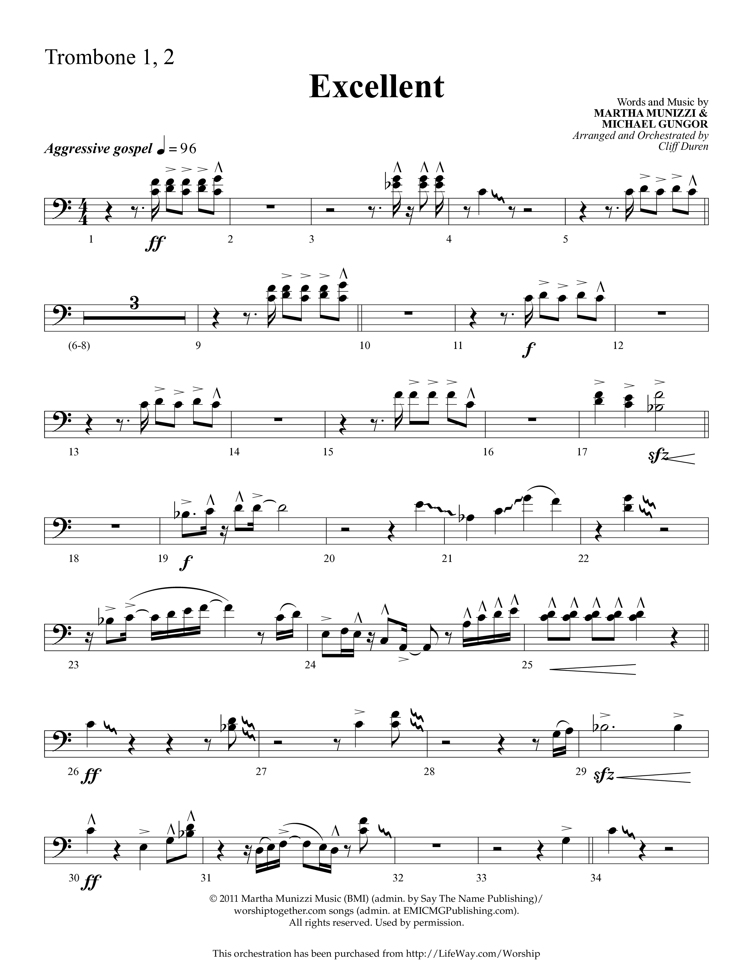 Excellent (Choral Anthem SATB) Trombone 1/2 (Lifeway Choral / Arr. Cliff Duren)