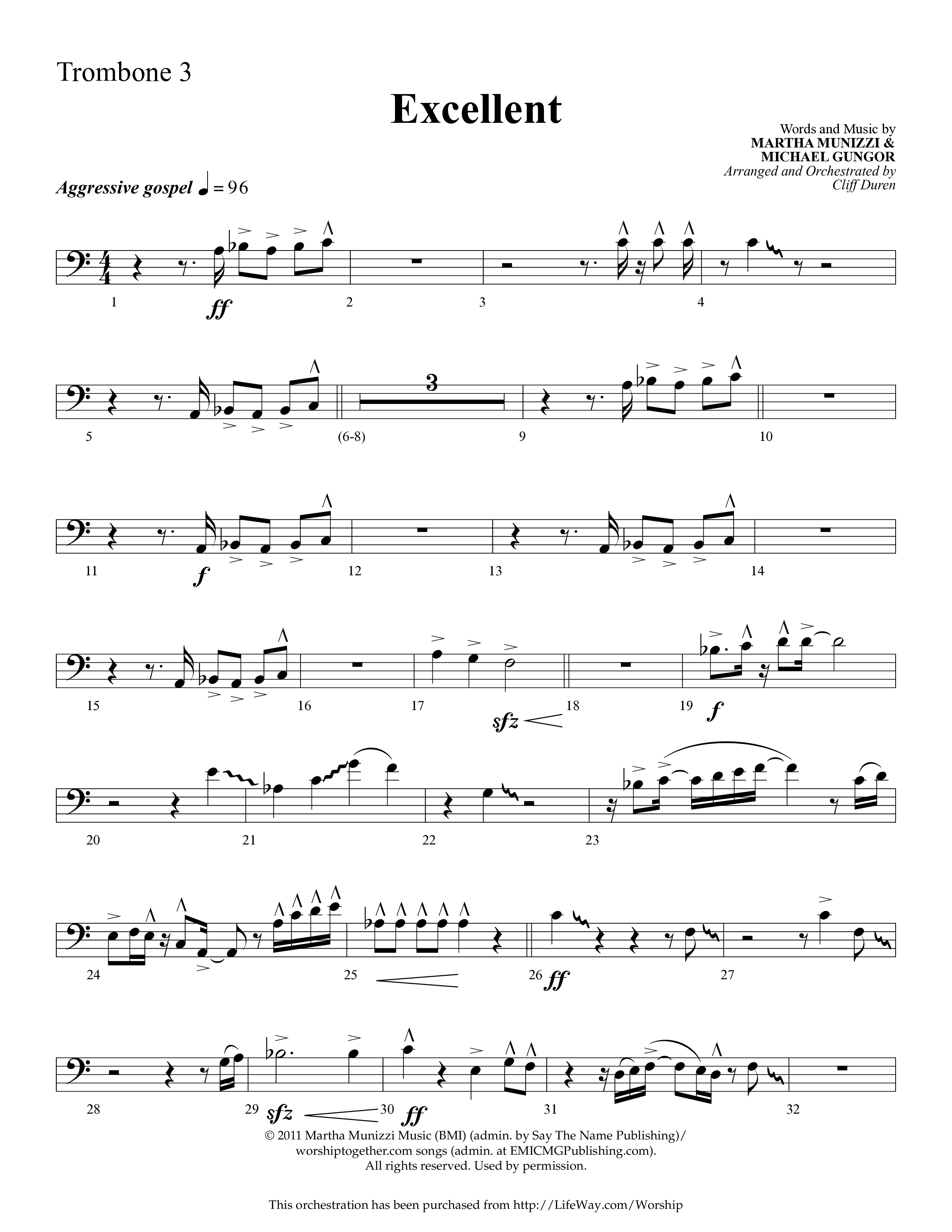 Excellent (Choral Anthem SATB) Trombone 3 (Lifeway Choral / Arr. Cliff Duren)