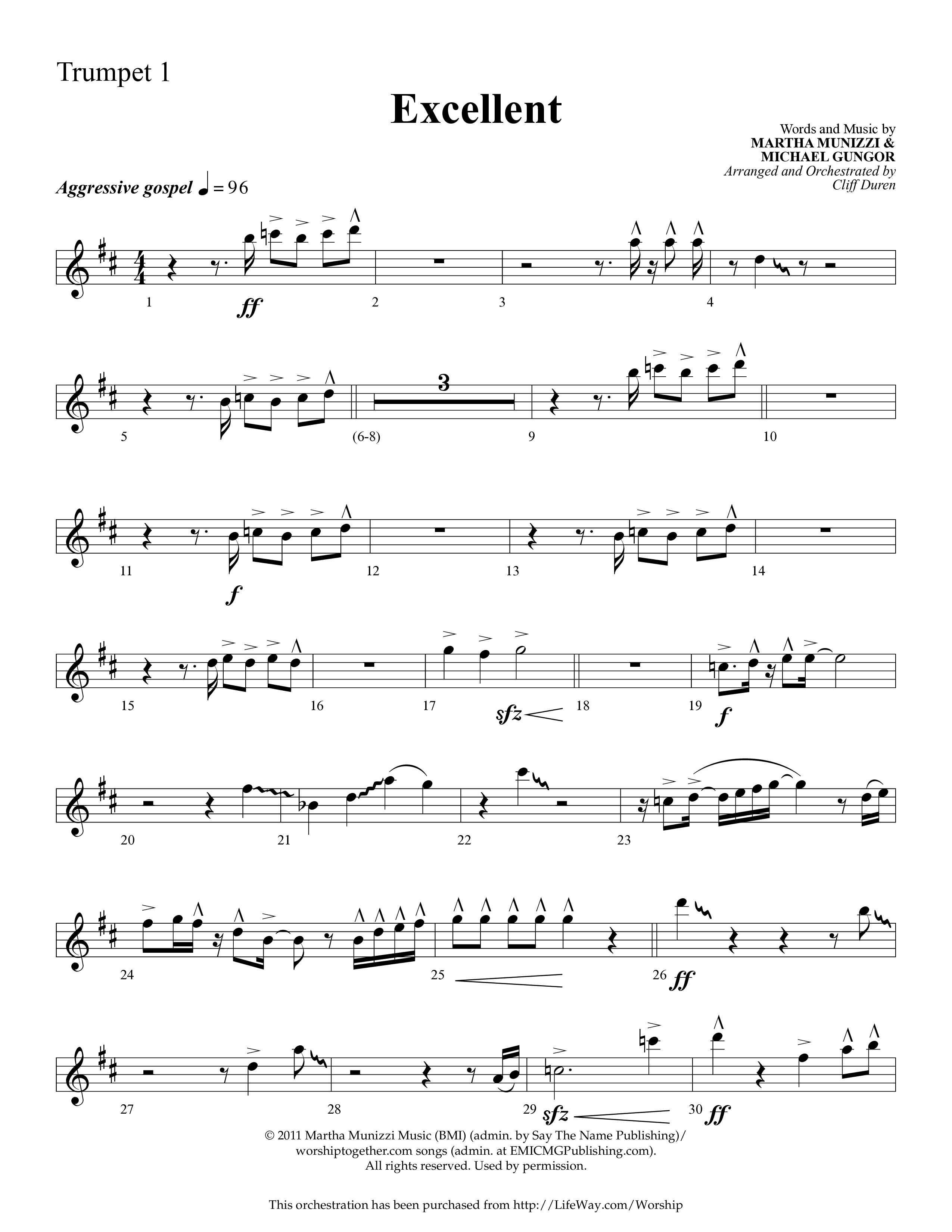 Excellent (Choral Anthem SATB) Trumpet 1 (Lifeway Choral / Arr. Cliff Duren)