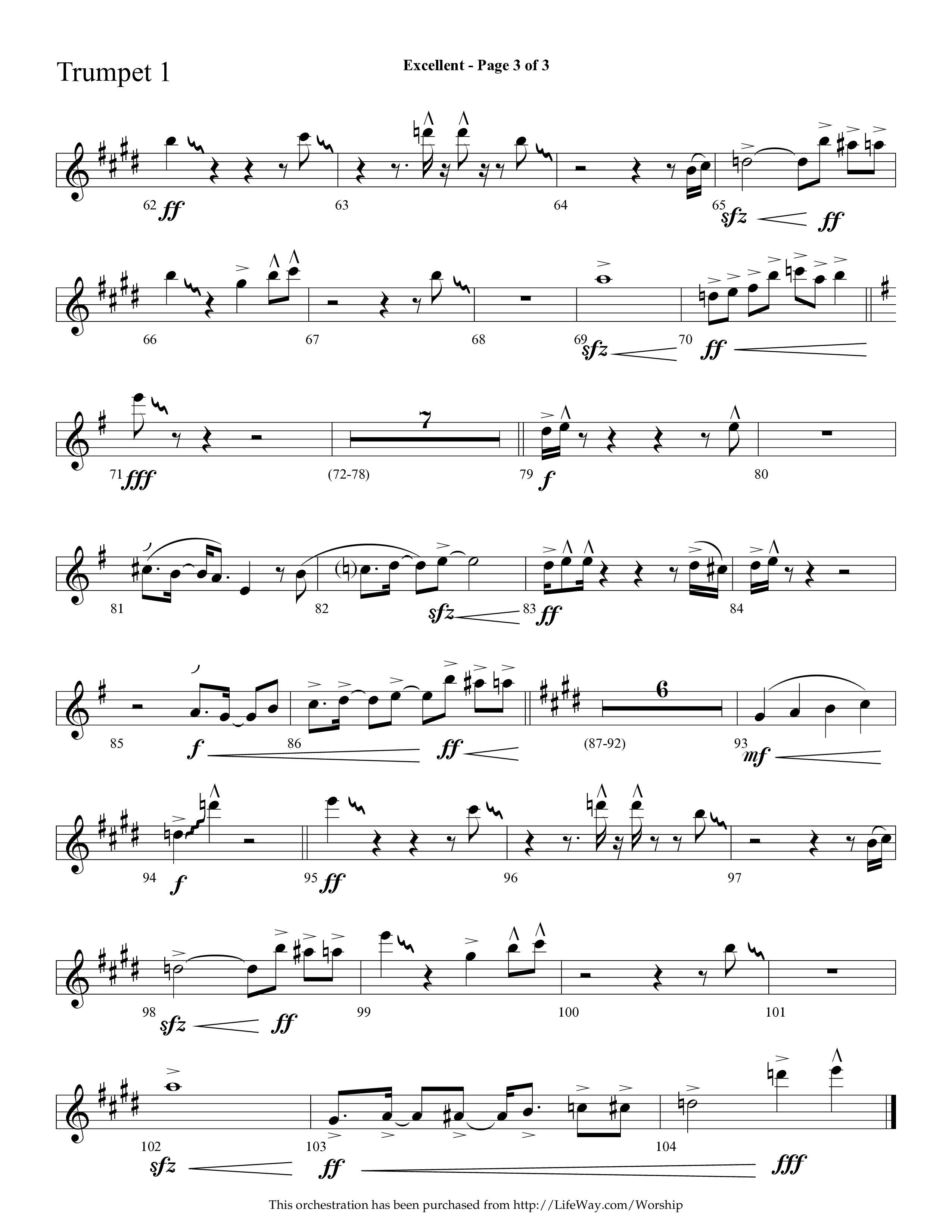 Excellent (Choral Anthem SATB) Trumpet 1 (Lifeway Choral / Arr. Cliff Duren)