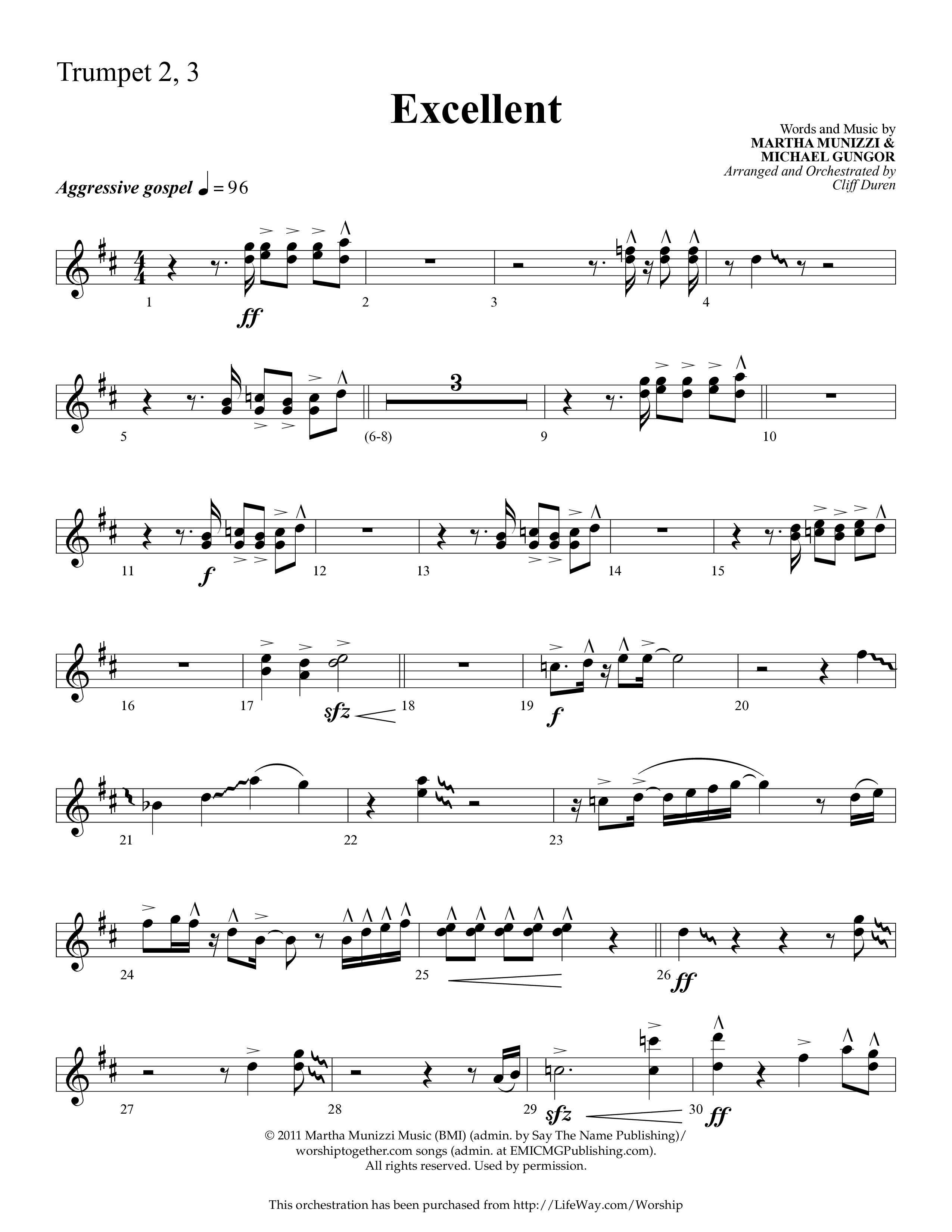 Excellent (Choral Anthem SATB) Trumpet 2/3 (Lifeway Choral / Arr. Cliff Duren)